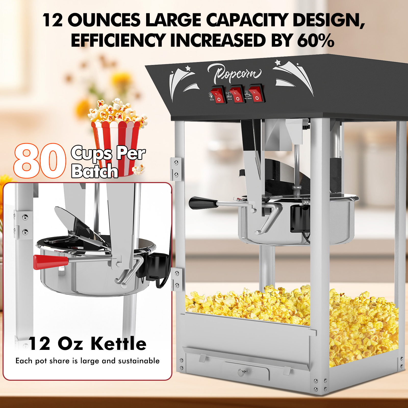QEEKA 12Oz Commercial Popcorn Maker Machine - 850W Stainless Steel Popper with Warming Deck & Tempered Glass,Great for Parties,Movie Nights & Home Theater
