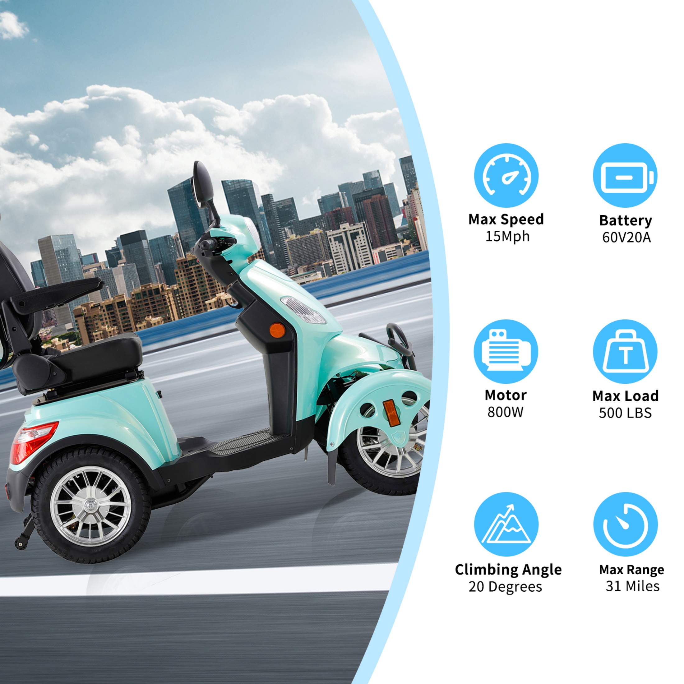 QEEKA 4-Wheel Mobility Scooter with Electric Powered Chair, Green, 500lb Limit