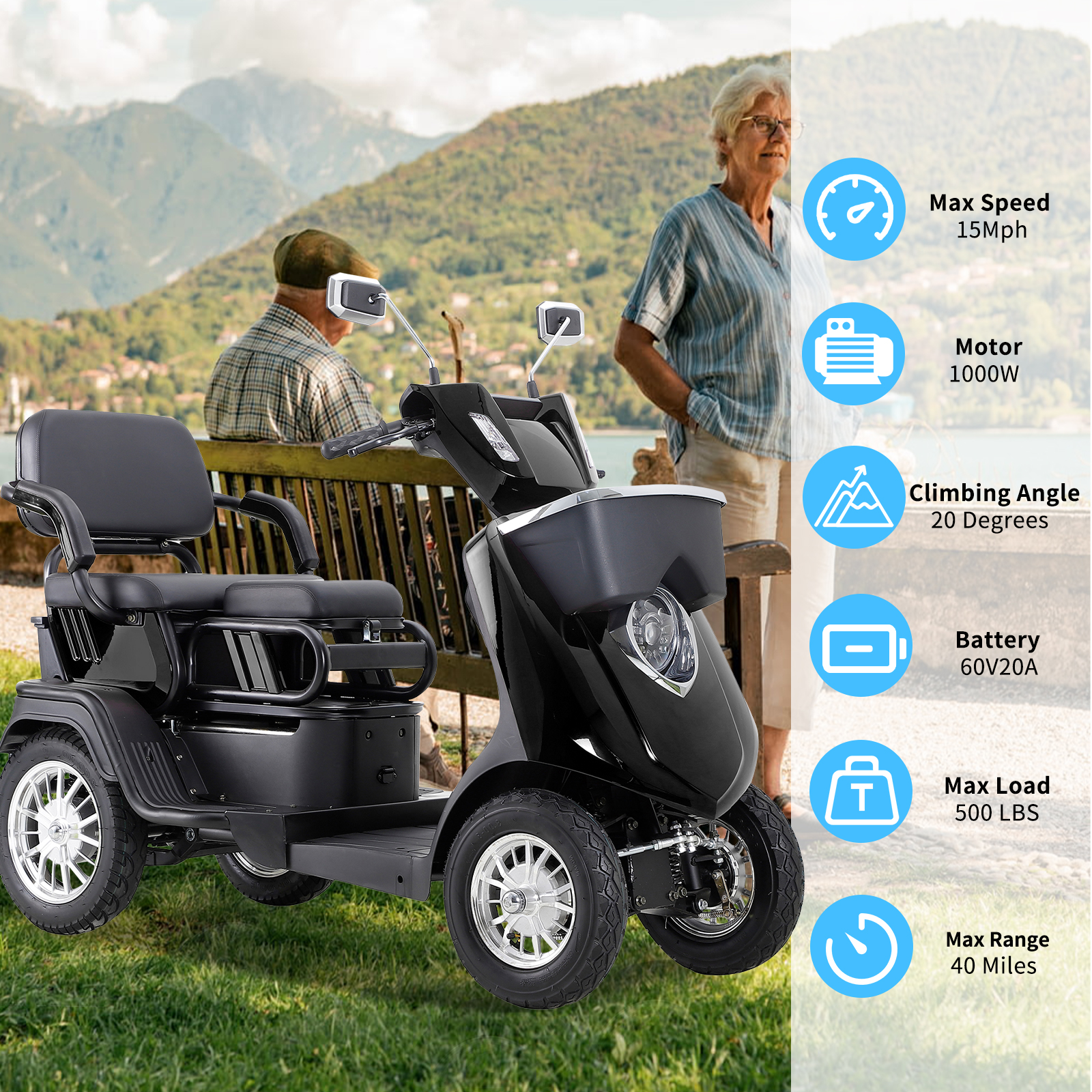 QEEKA 2-Seater Heavy-Duty All-Terrain Electric Mobility Scooter for Adults & Seniors,1000W Motor,500 LBS Capacity,Adjustable Seat,Black