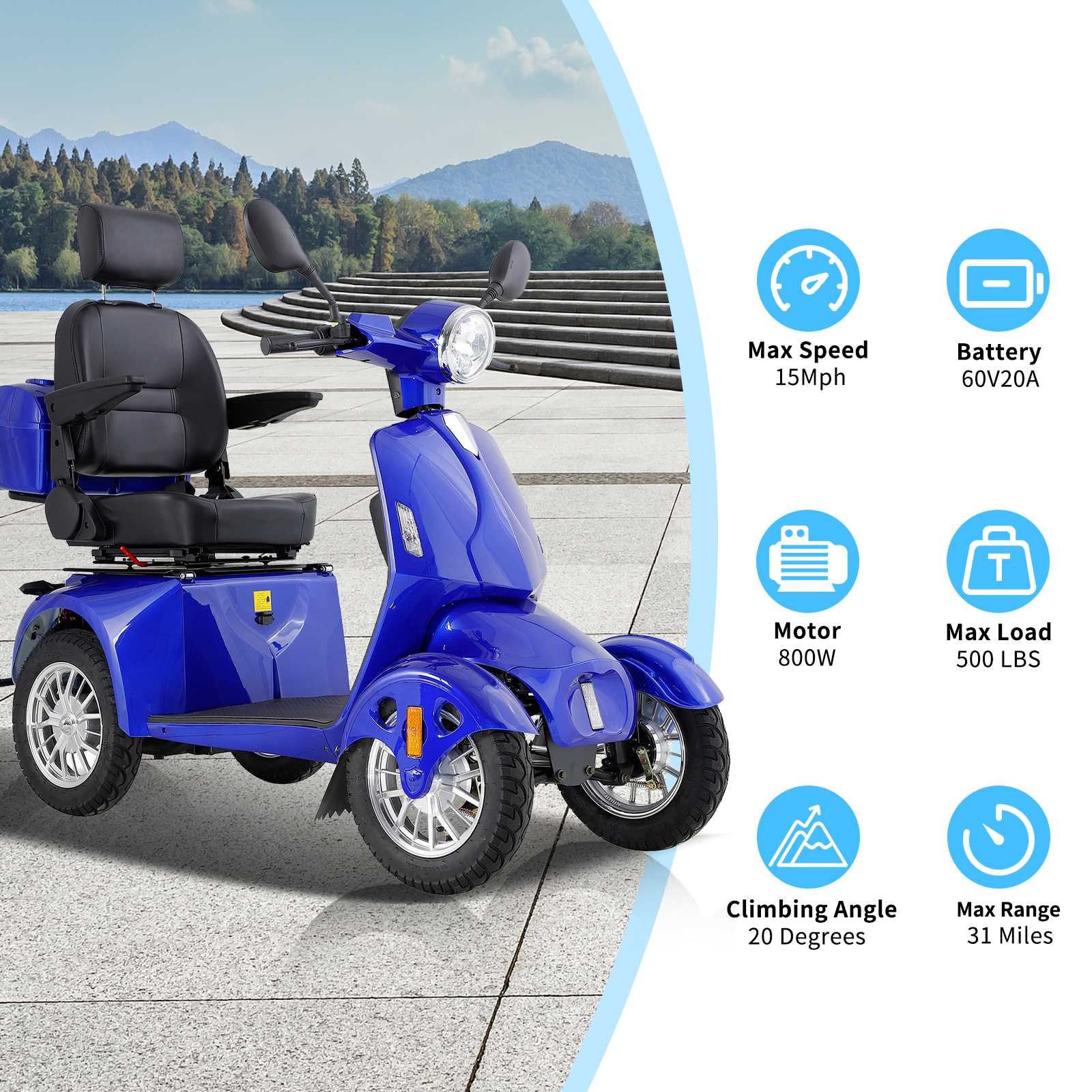 Xlluproid 4-Wheel Heavy Duty Mobility Scooter for Adults & Seniors - 800W Motor,Adjustable Seat,Remote Key & Locking Rear Storage Box