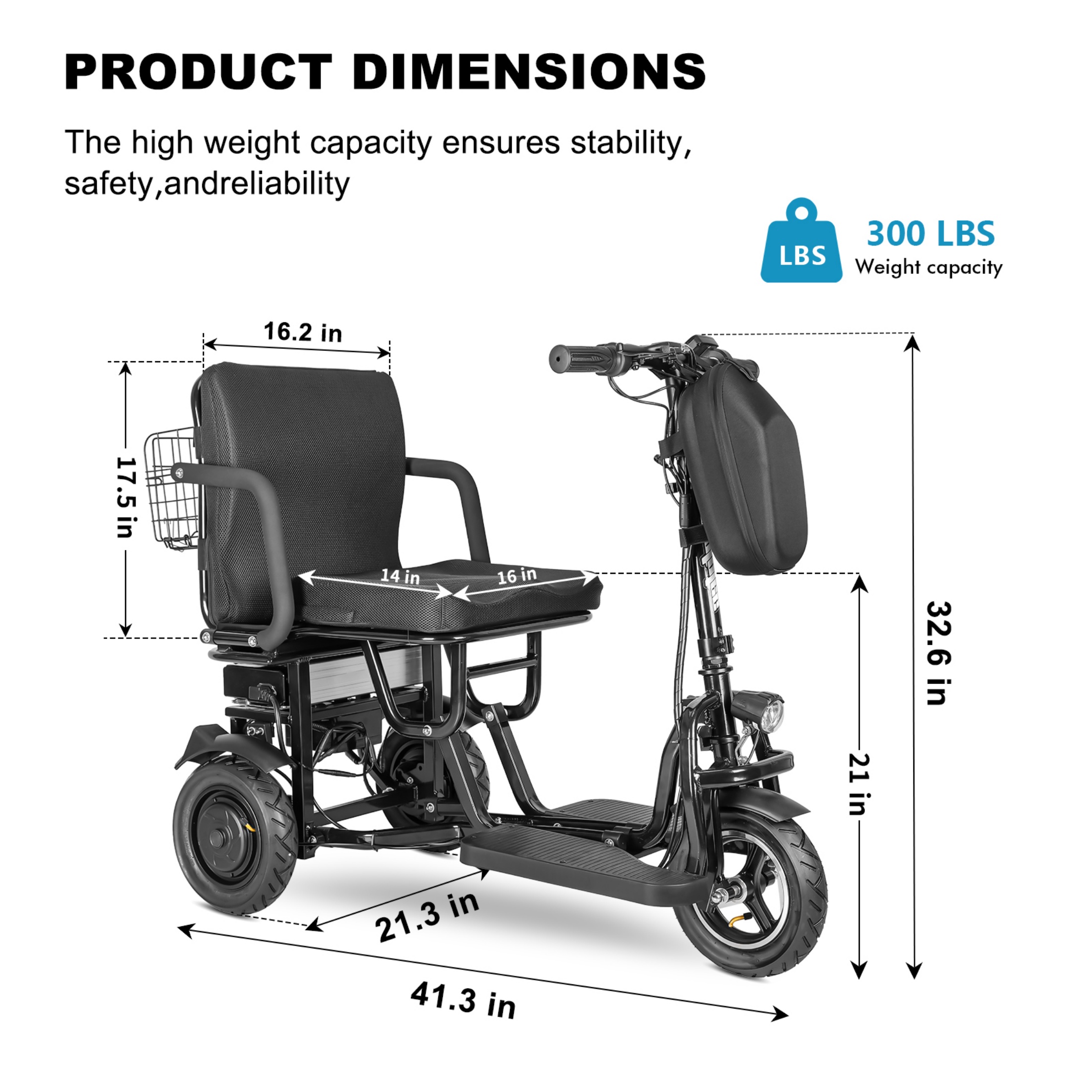 QEEKA Foldable 3 Wheel Mobility Scooter for Seniors and Adults,Fits in Car Trunk,Lightweight & High-Power 700W,300lbs Capacity,20 mile Range,Black
