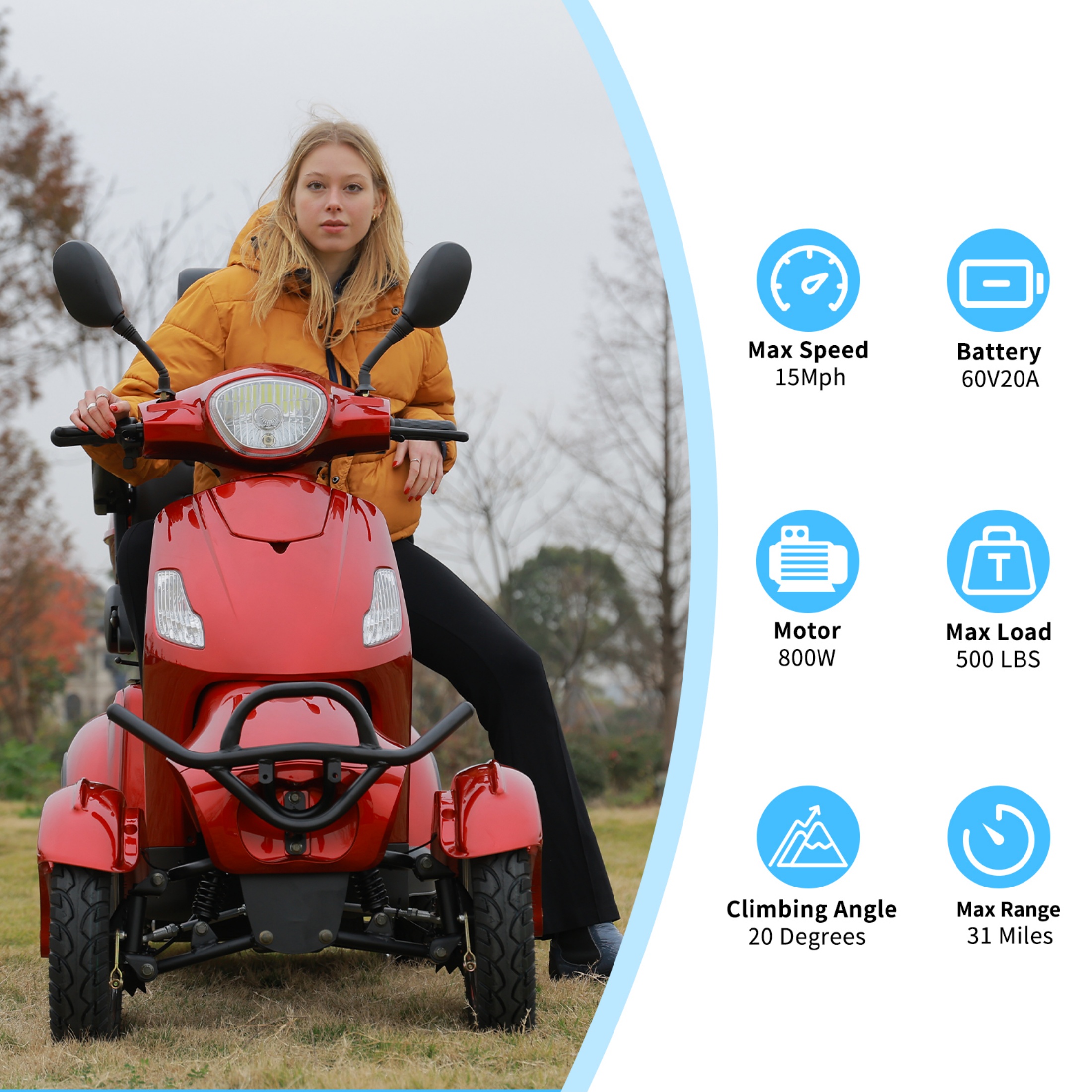 QEEKA Mobility Scooters,Heavy Duty 4 Wheel for Seniors & Adults 500lbs Capacity - Electric Powered Chair,800W,Red