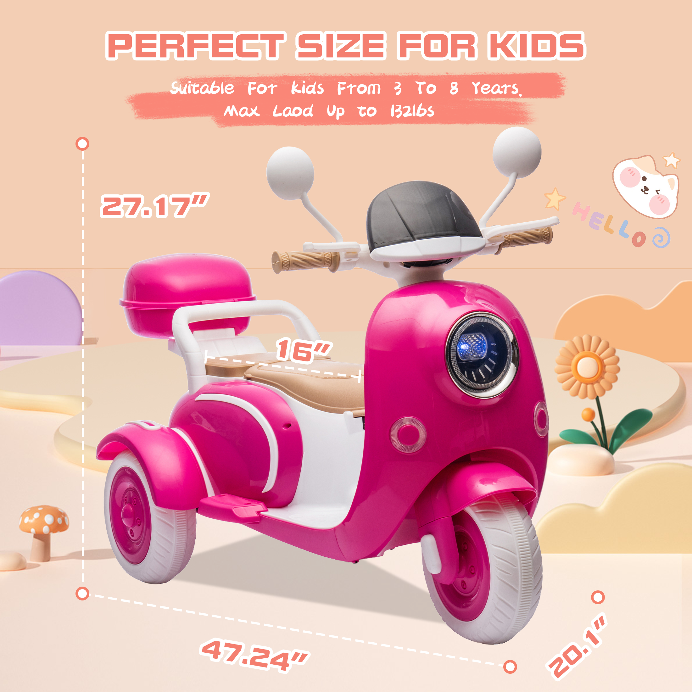 QEEKA 12V Electric Kids Motorcycle,2 Seater Ride on 3 Wheel Scooter,Multi-function player,USB,Bluetooth,light,Backseat flip adult seat,Oversized Storage Box for kids Aged 3-6