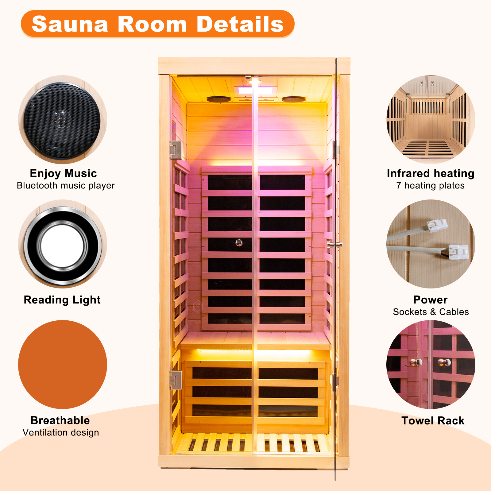 CTOSPOATO 1 Person Infrared Sauna for Home Deluxe Transparent Large Glass Hemlock Wood Low EMF FAR Infrared Sauna,1420 watts 7 Heating Panels Indoor Personal Saunas with Blue-Tooth,LCD Display