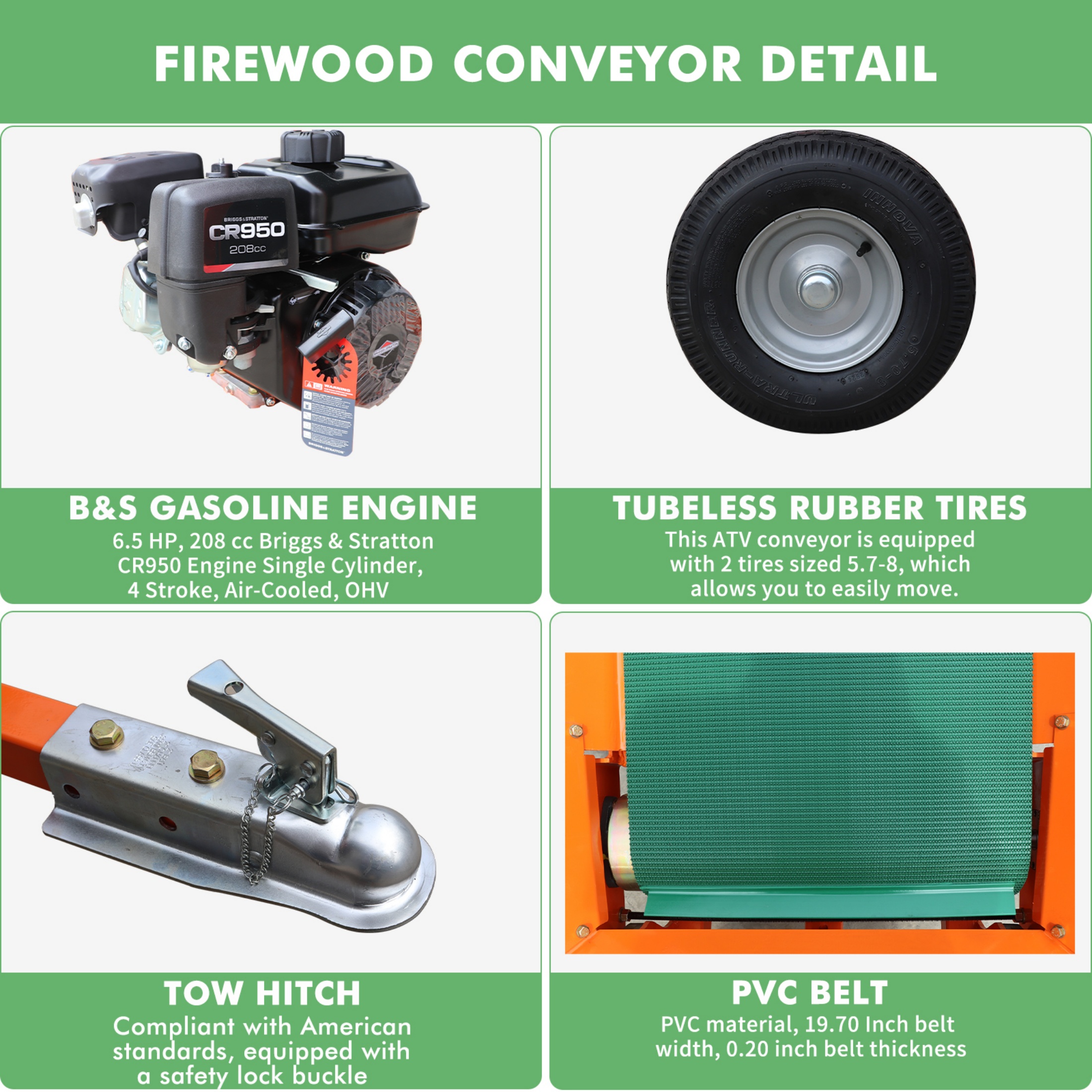 Firewood Conveyor 6.5HP 208cc Gasoline Powered 19.7" Width PVC Belt Wood Conveyor Lifter Elevator with B&S Engine