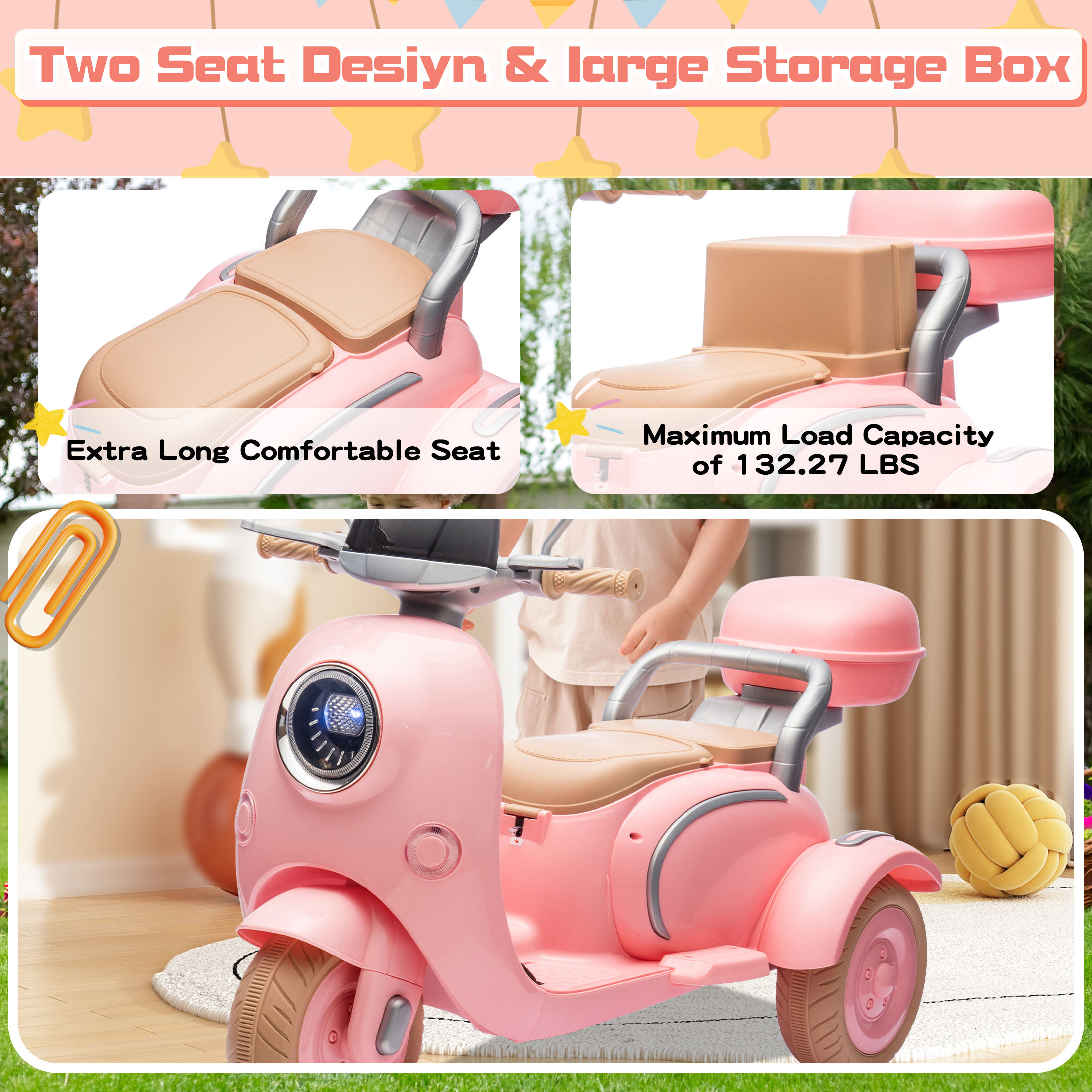 QEEKA 12V Electric Kids Motorcycle,2 Seater Ride on 3 Wheel Scooter,Multi-function player,USB,Bluetooth,light,Backseat flip adult seat,Oversized Storage Box for kids Aged 3-6