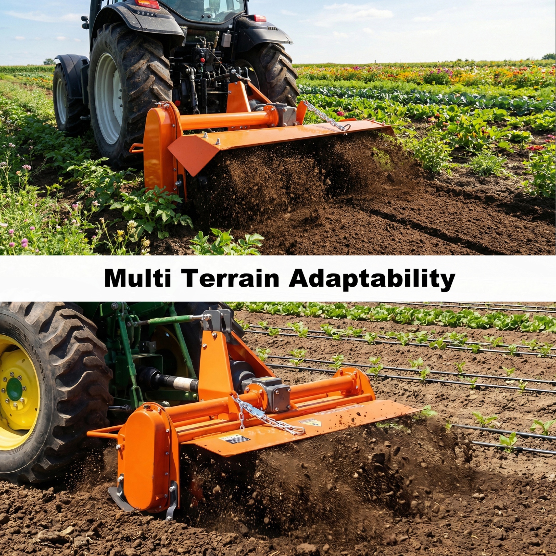 QEEKA 3-Point 45"Rotary Tiller Attachment for Cat 1 Tractors, 540 RPM PTO Driven Cultivator, Replaceable L-Shaped Tines, 5" Working Depth