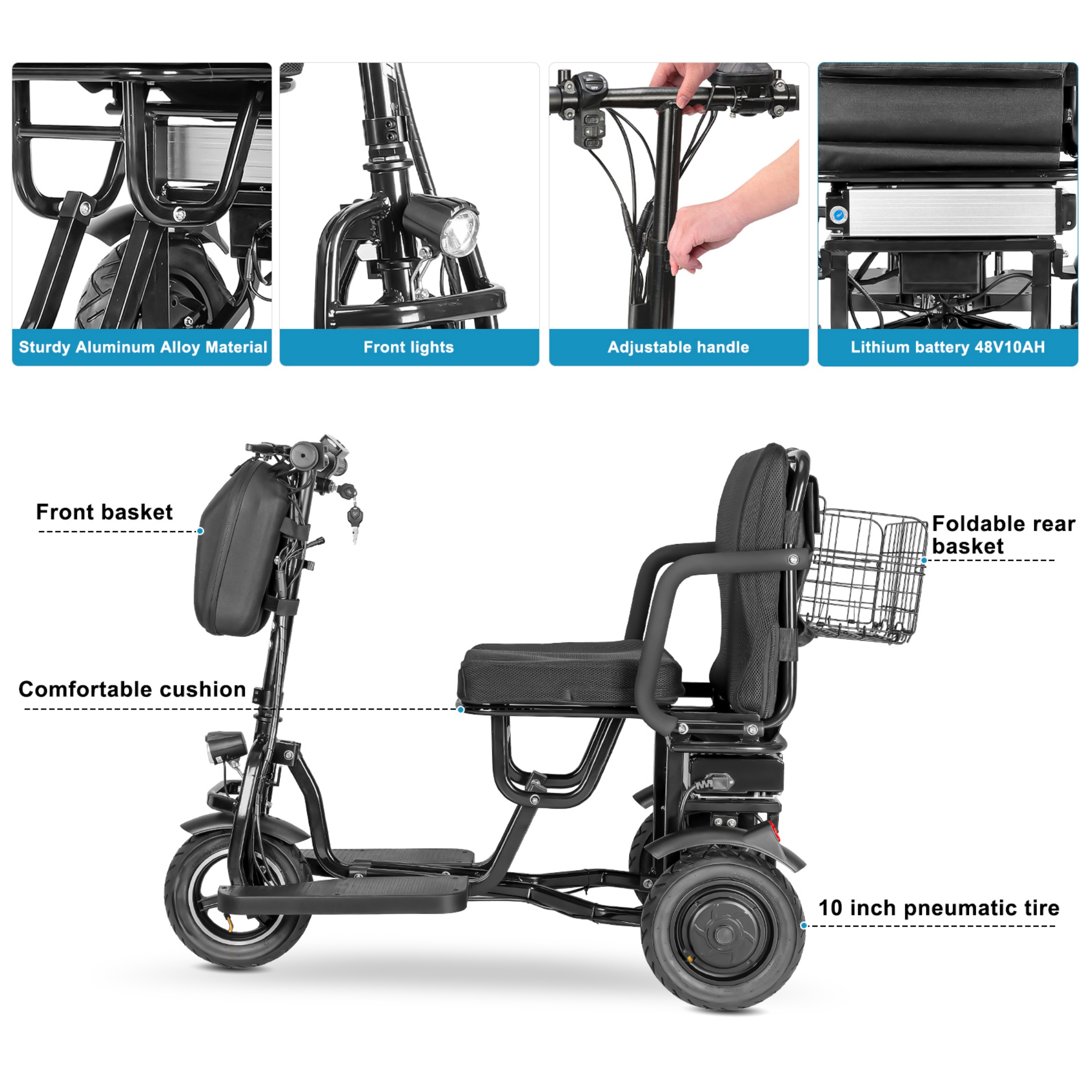 QEEKA Foldable 3 Wheel Mobility Scooter for Seniors and Adults,Fits in Car Trunk,Lightweight & High-Power 700W,300lbs Capacity,20 mile Range,Black