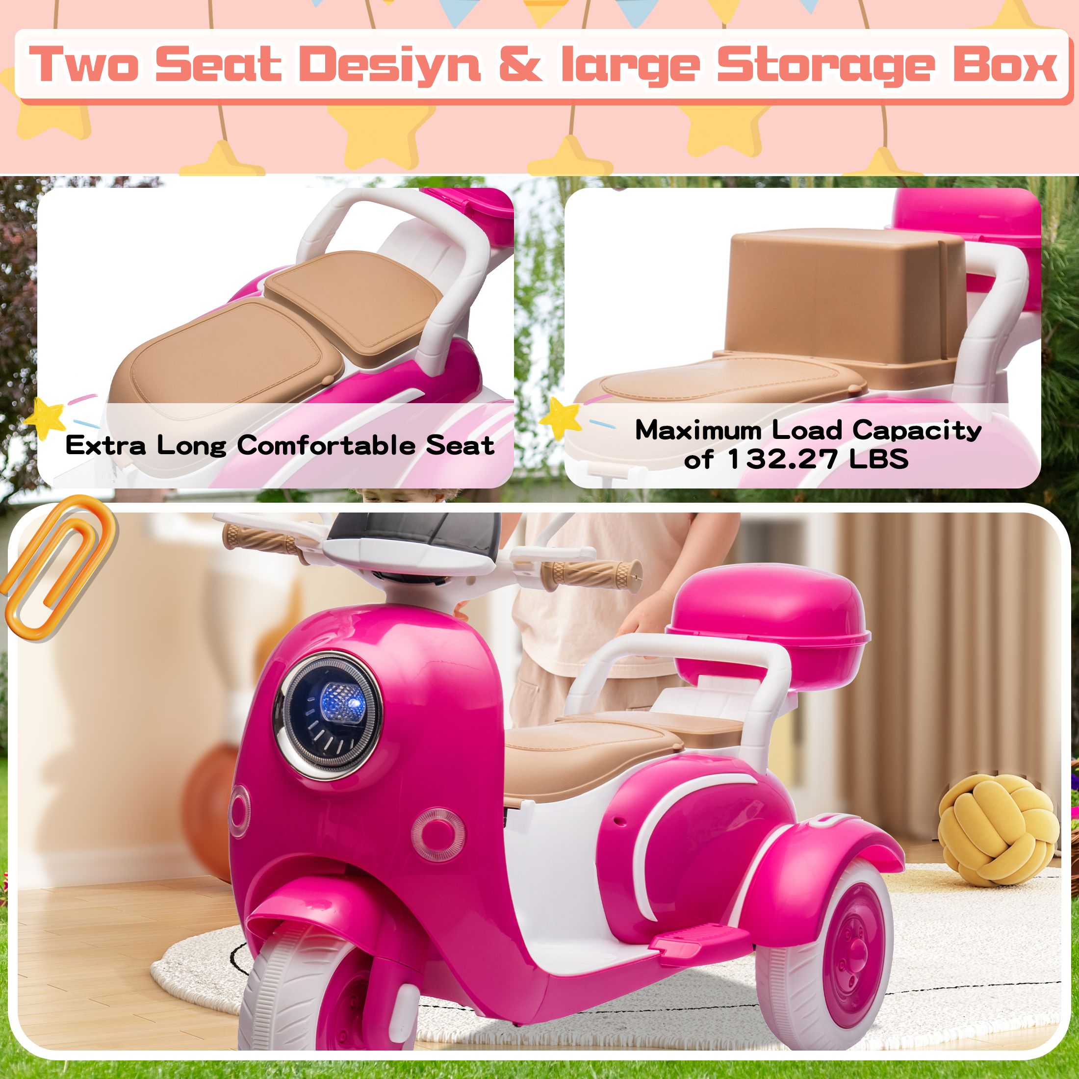 QEEKA 12V Electric Kids Motorcycle,2 Seater Ride on 3 Wheel Scooter,Multi-function player,USB,Bluetooth,light,Backseat flip adult seat,Oversized Storage Box for kids Aged 3-6