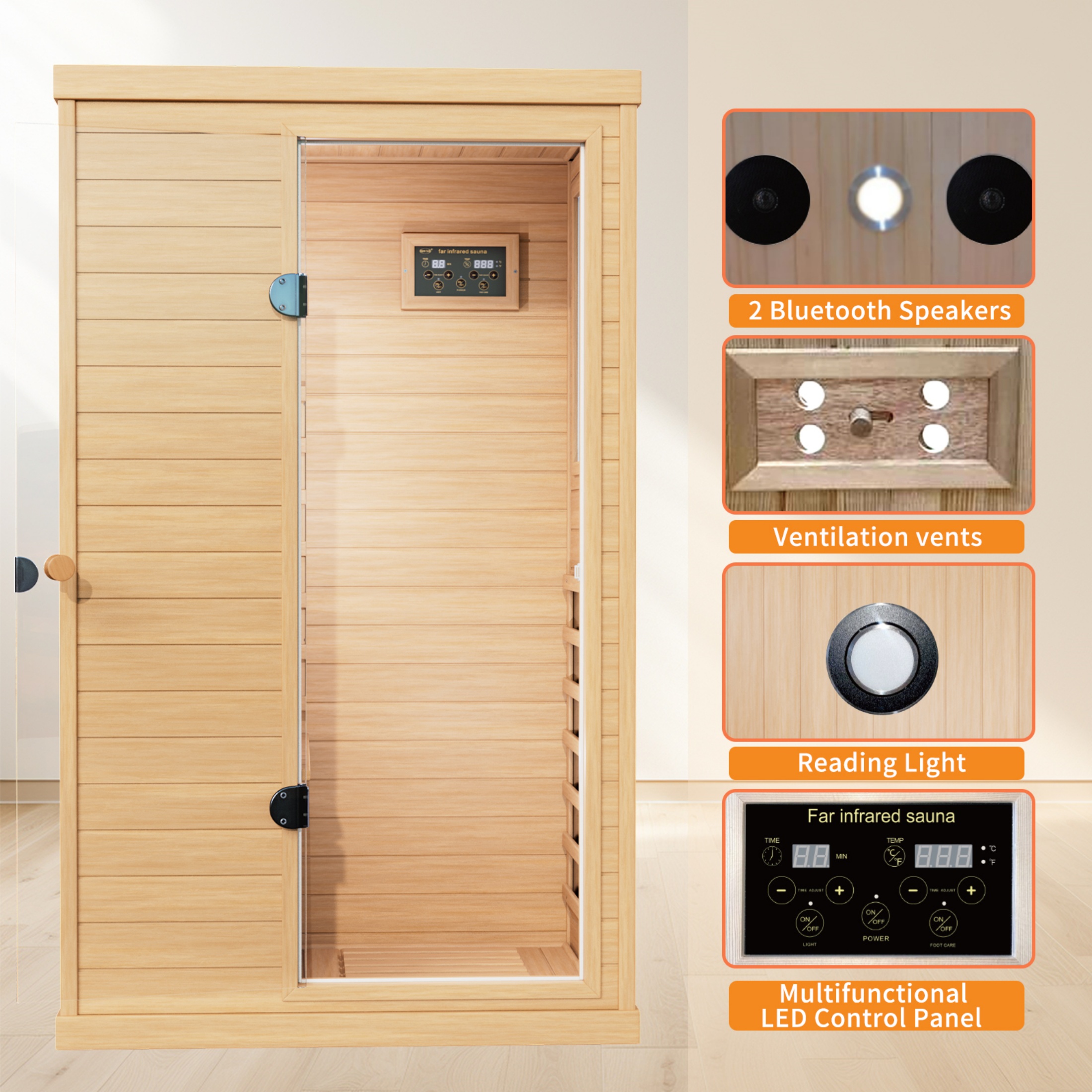 CTOSPOATO 1 Person Sauna,with 1050W Indoor Sauna,Low EMF Heaters,2 Bluetooth Speakers,1 LED Reading Lamp Hemlock Wood Sauna Room Right Door,Natural