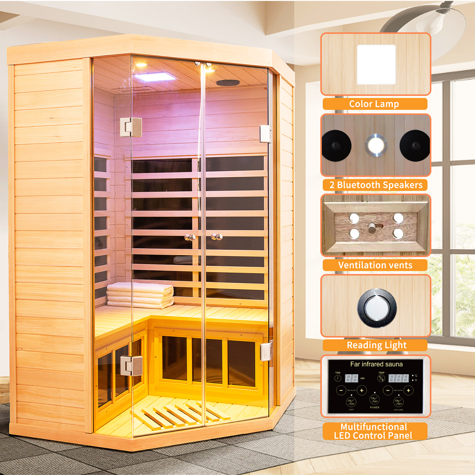 CTOSPOATO 2-3 Person Ultra Low EMF Far Infrared Sauna - 1520W Hemlock Wood, Bluetooth, Chromotherapy Lights, APP Control