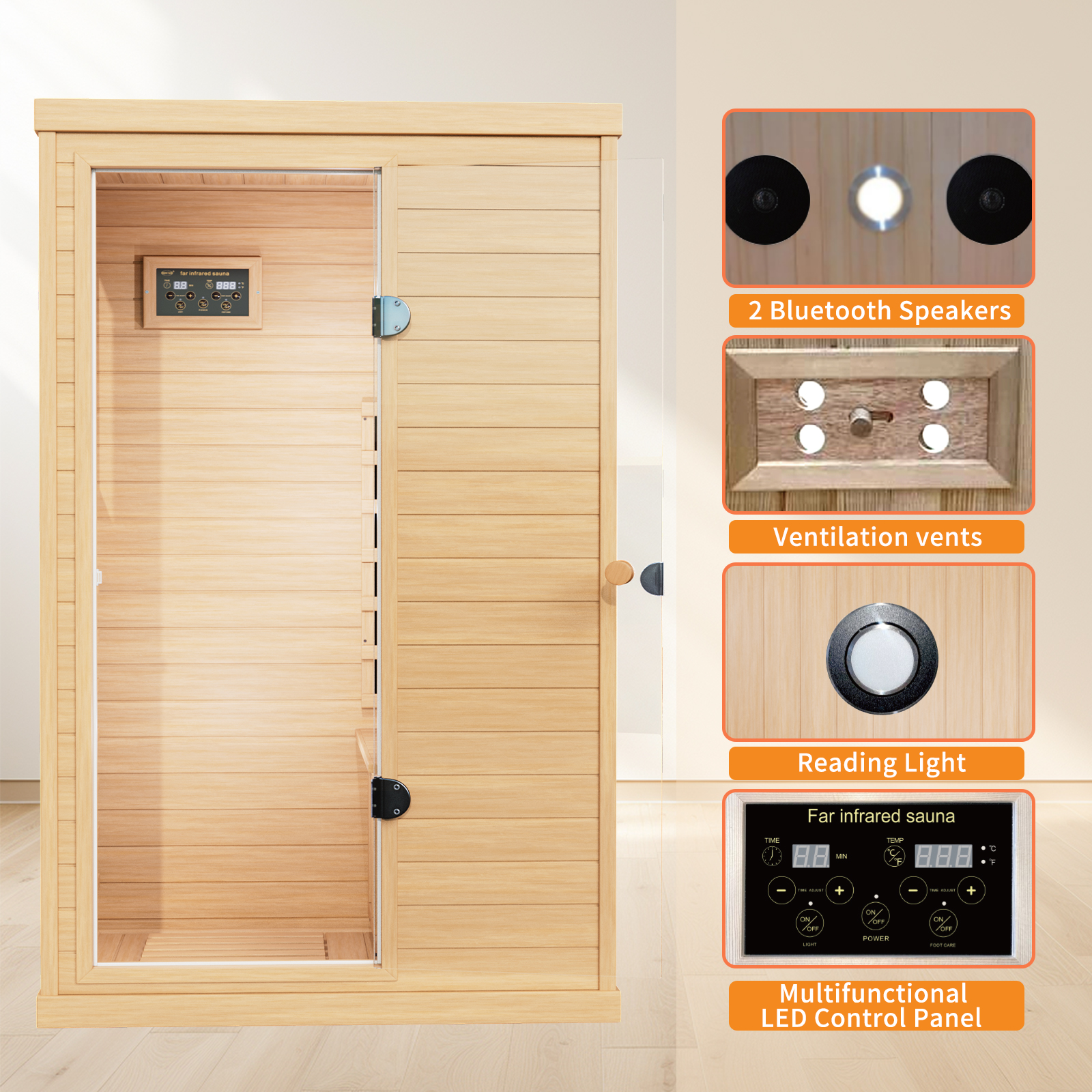 CTOSPOATO 1 Person Sauna,with 1050W Indoor Sauna,Low EMF Heaters,2 Bluetooth Speakers,1 LED Reading Lamp Hemlock Wood Sauna Room Left Door,Natural