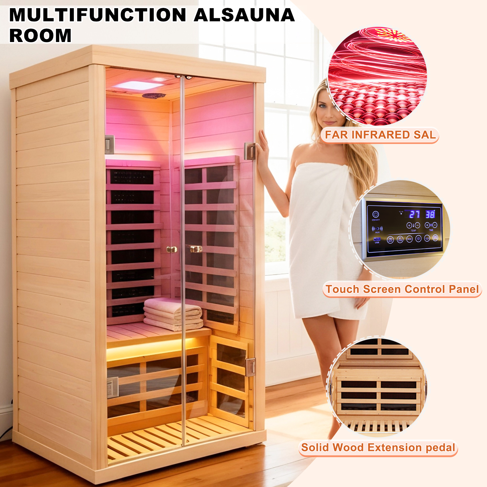 CTOSPOATO 1 Person Infrared Sauna for Home Deluxe Transparent Large Glass Hemlock Wood Low EMF FAR Infrared Sauna,1420 watts 7 Heating Panels Indoor Personal Saunas with Blue-Tooth,LCD Display