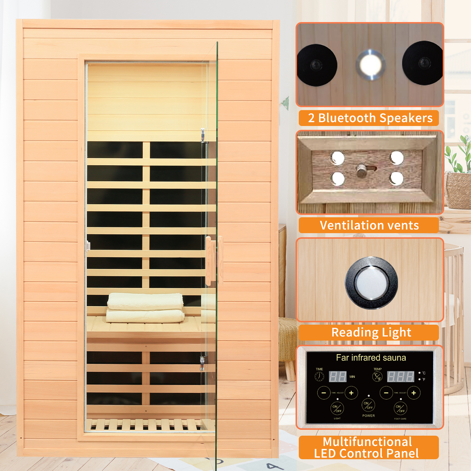 CTOSPOATO 2-Person Far Infrared Sauna - Roof-Embedded Indoor Home Sauna with Bluetooth