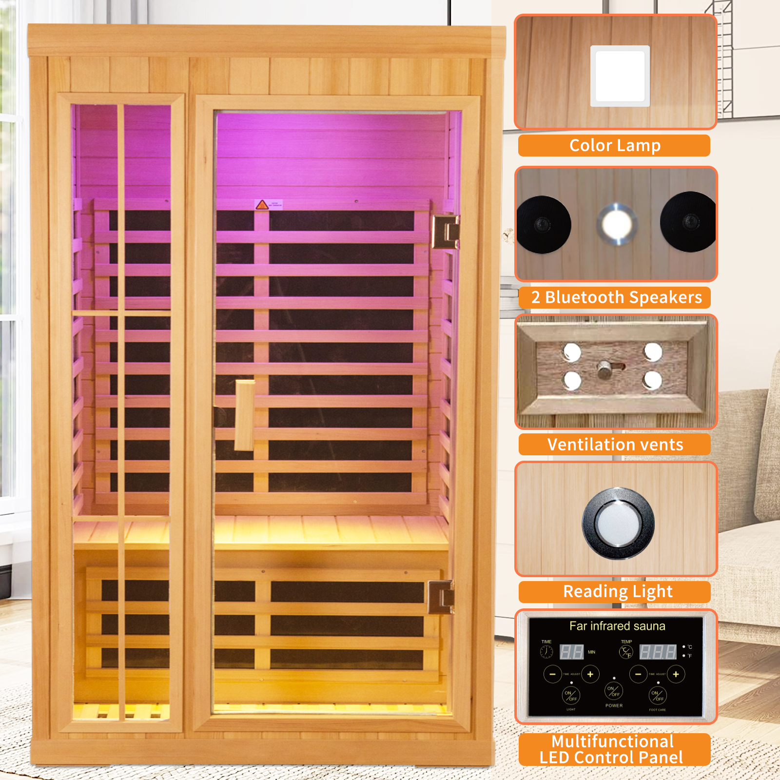 CTOSPOATO 1-Person Low EMF Far Infrared Dry Sauna - Natural Hemlock Wood Indoor Home Sauna with Remote Control,Colorful LED Lights,1350W