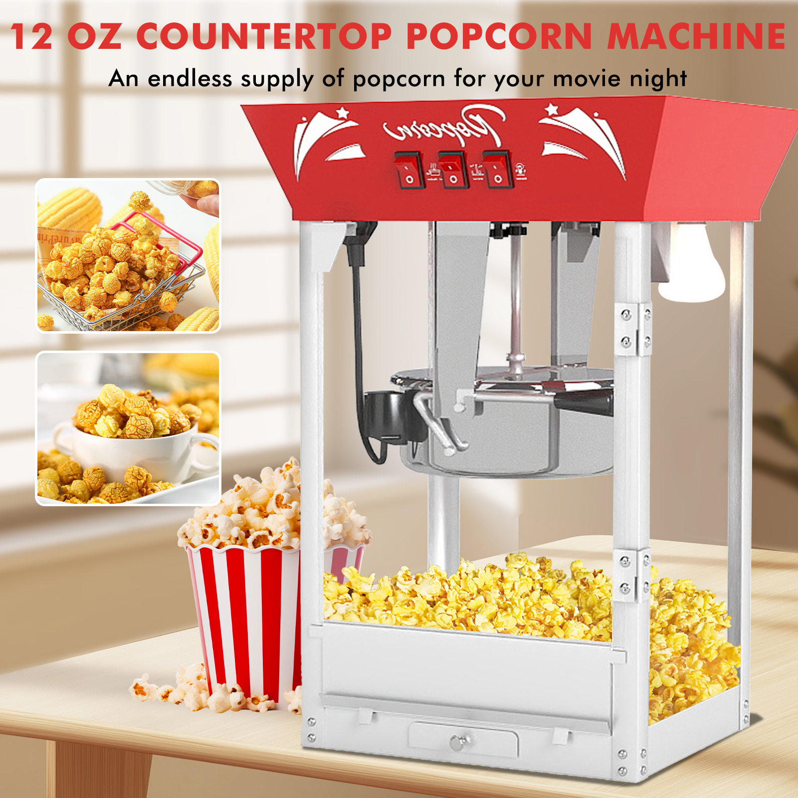 QEEKA 12Oz Commercial Popcorn Maker Machine - 850W Stainless Steel Popper with Warming Deck & Tempered Glass,Great for Parties,Movie Nights & Home Theater