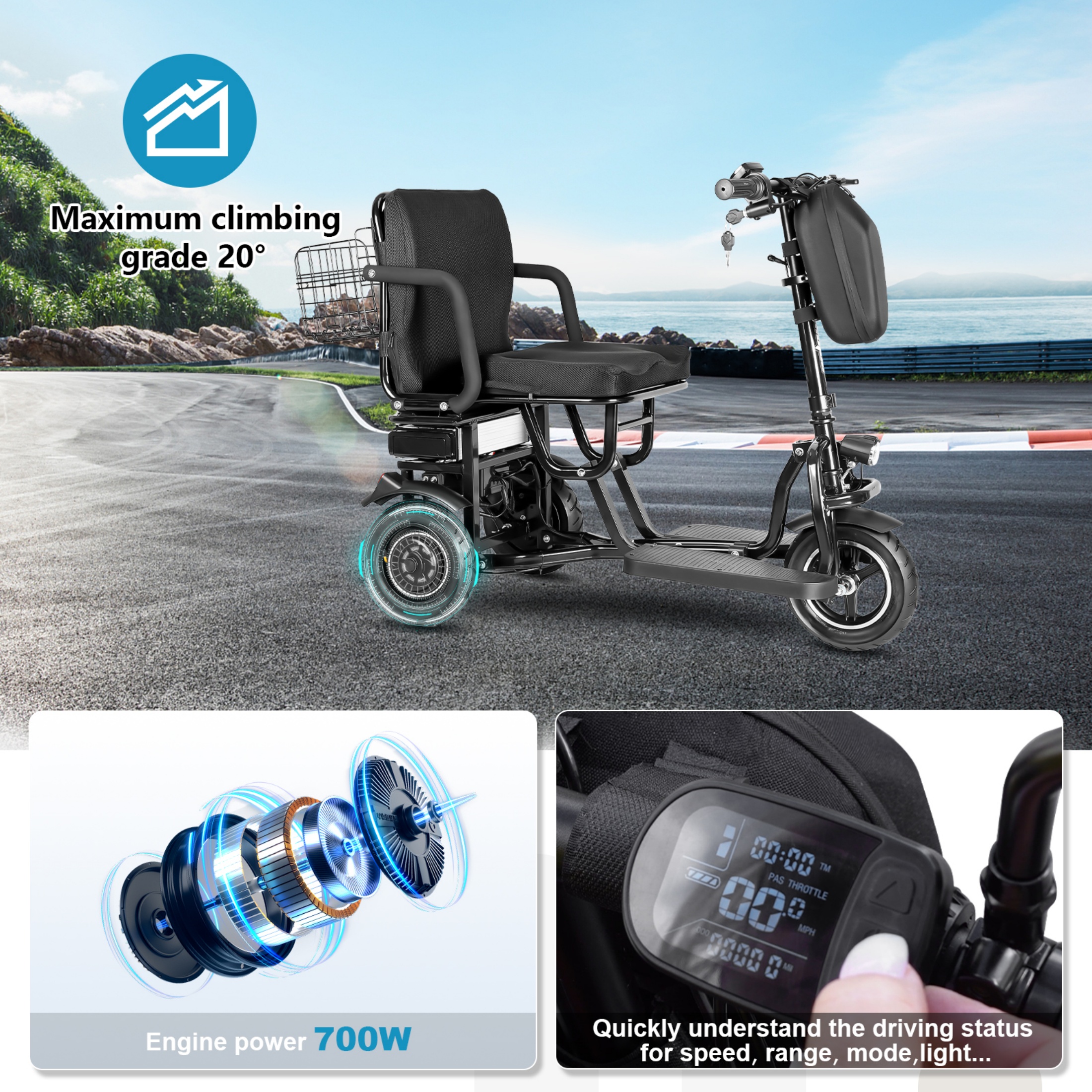 QEEKA Foldable 3 Wheel Mobility Scooter for Seniors and Adults,Fits in Car Trunk,Lightweight & High-Power 700W,300lbs Capacity,20 mile Range,Black