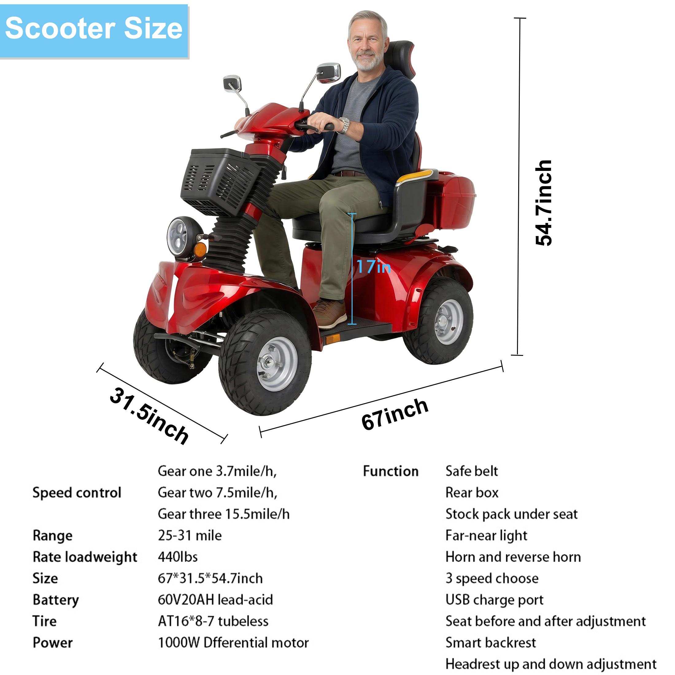 Xlluproid All Terrain Heavy Duty Mobility Scooter for Seniors & Adults,500 lbs Capacity,1000W 4 Wheel Electric Powered Scooter
