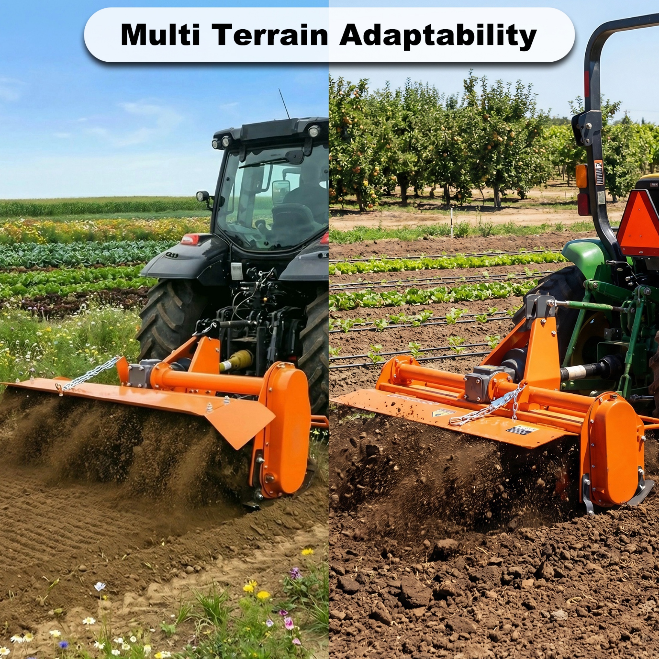 QEEKA 3-Point 45"Rotary Tiller Attachment for Cat 1 Tractors, 540 RPM PTO Driven Cultivator, Replaceable L-Shaped Tines, 5" Working Depth
