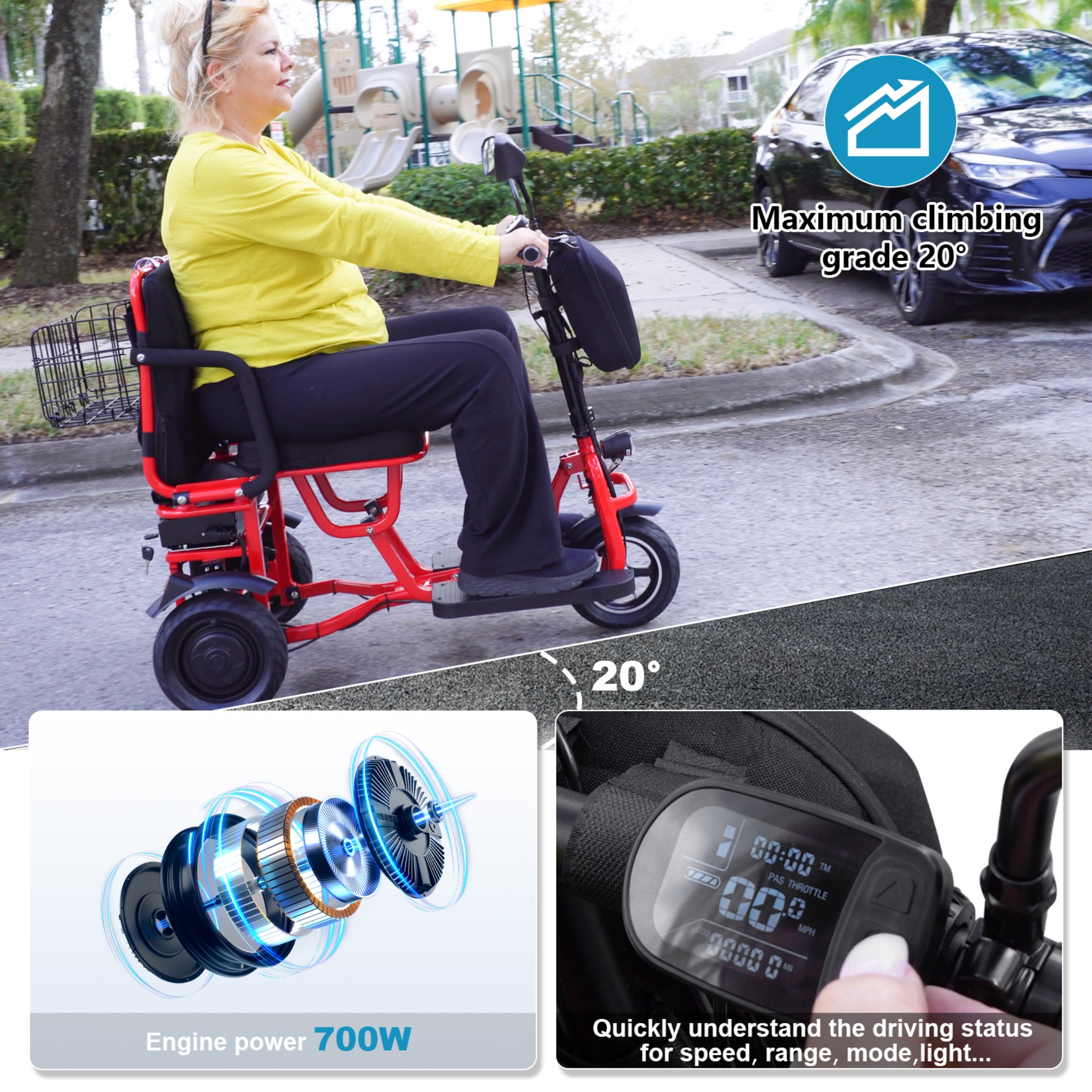 QEEKA Foldable 3 Wheel Mobility Scooter for Seniors and Adults,Fits in Car Trunk,Lightweight & High-Power 700W,300lbs Capacity,20 mile Range,Black