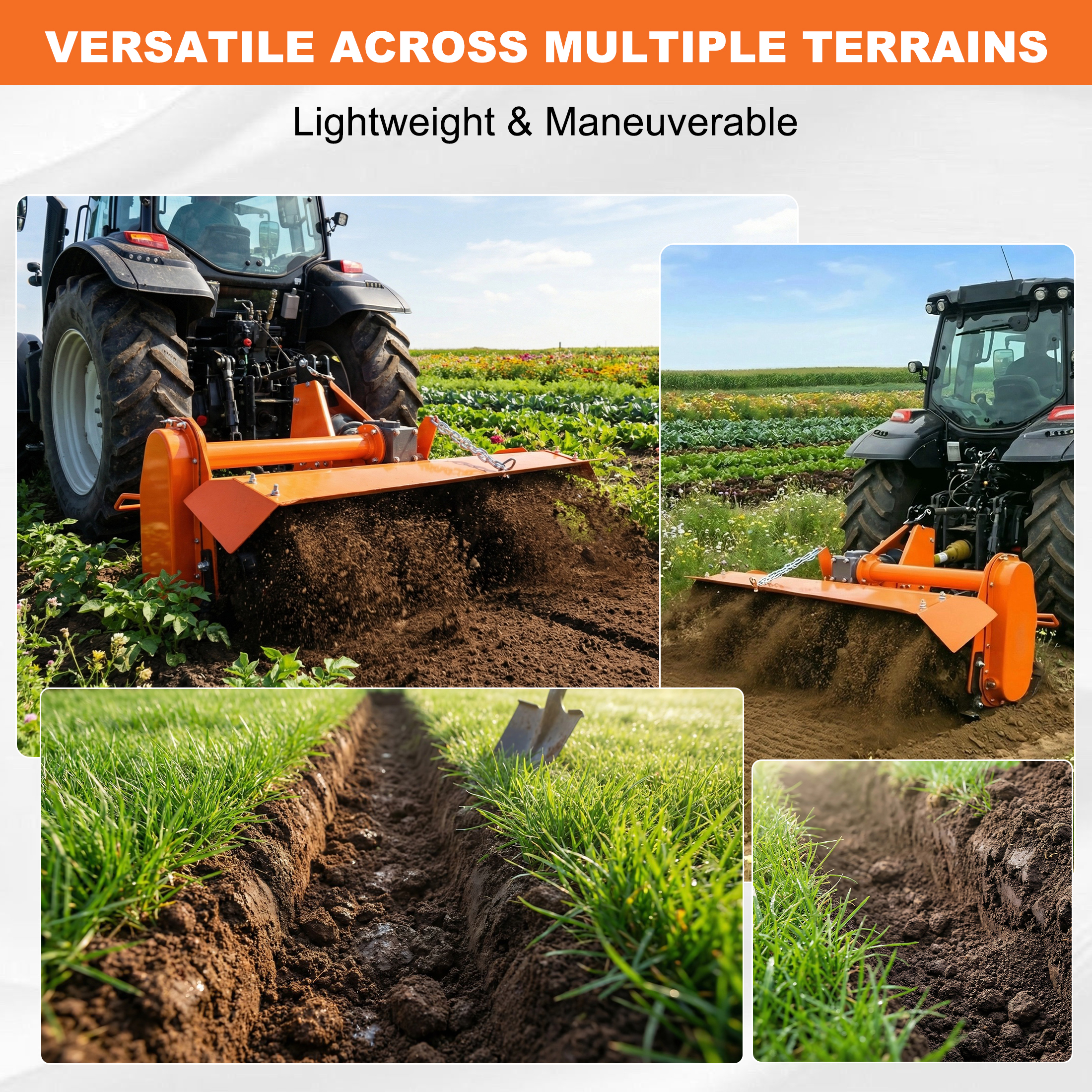 QEEKA 37" Rotary Tiller Attachment for Category 1 Tractors,3-Point Hitch, 540 RPM PTO Driven,with Replaceable L-Shaped Tines,5" Working Depth,Orange