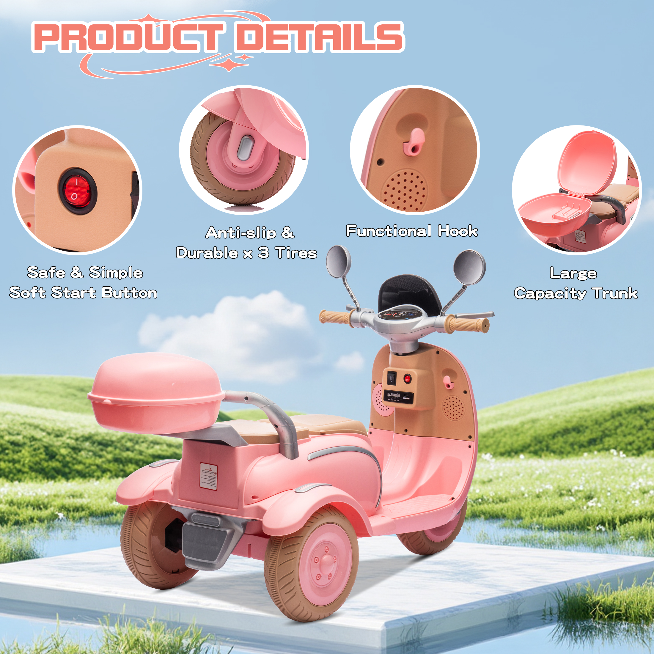 QEEKA 12V Electric Kids Motorcycle,2 Seater Ride on 3 Wheel Scooter,Multi-function player,USB,Bluetooth,light,Backseat flip adult seat,Oversized Storage Box for kids Aged 3-6