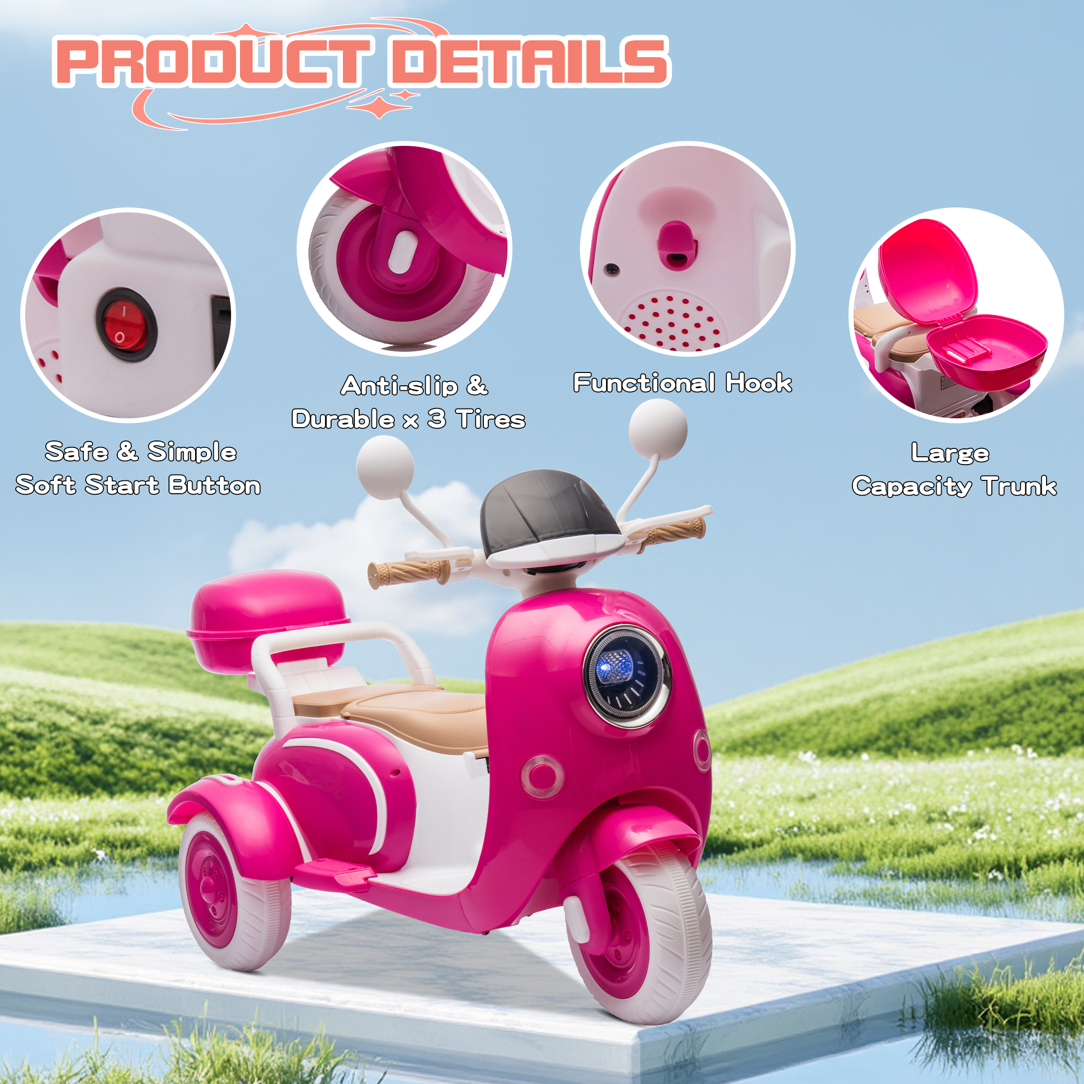 QEEKA 12V Electric Kids Motorcycle,2 Seater Ride on 3 Wheel Scooter,Multi-function player,USB,Bluetooth,light,Backseat flip adult seat,Oversized Storage Box for kids Aged 3-6