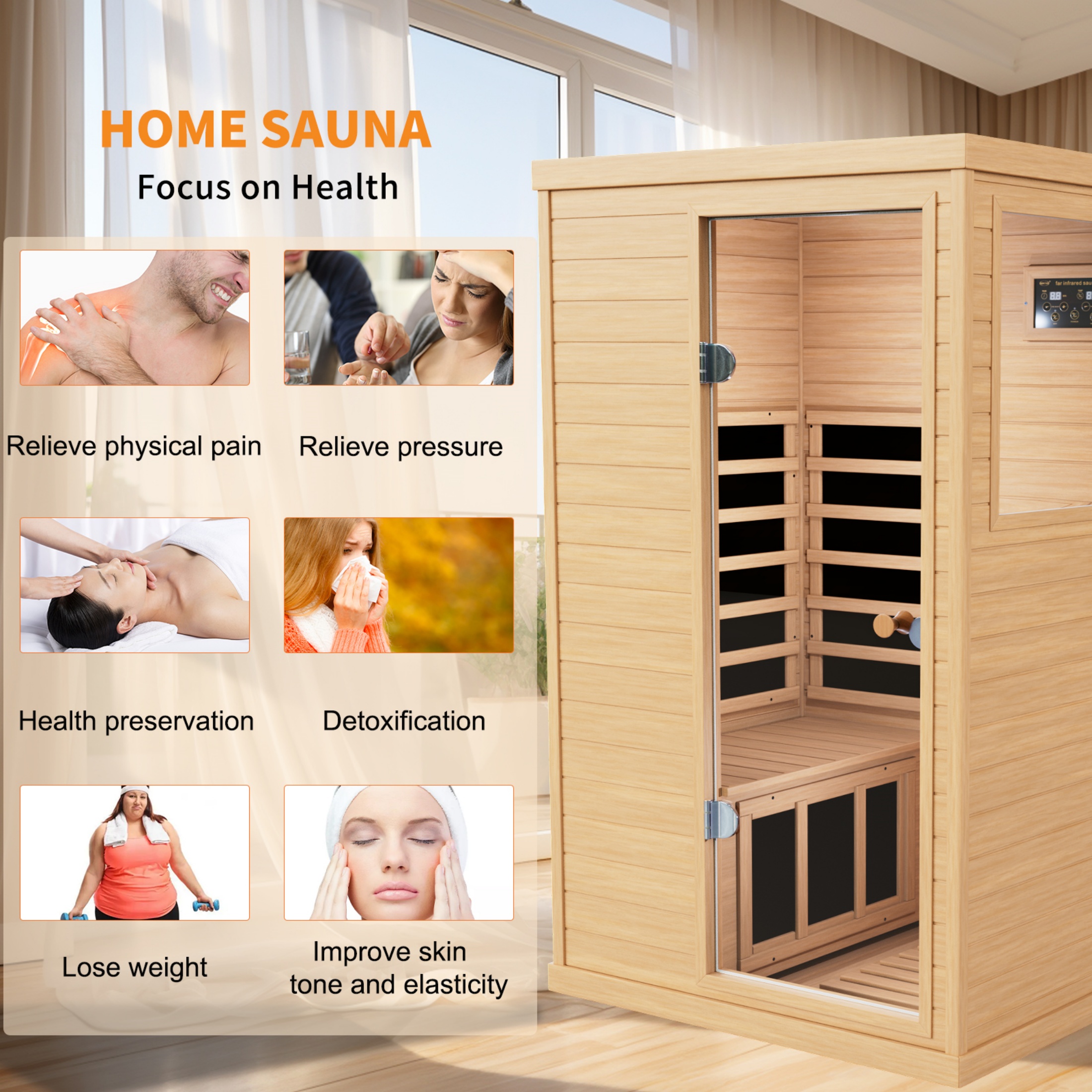 CTOSPOATO 1 Person Sauna,with 1050W Indoor Sauna,Low EMF Heaters,2 Bluetooth Speakers,1 LED Reading Lamp Hemlock Wood Sauna Room Right Door,Natural