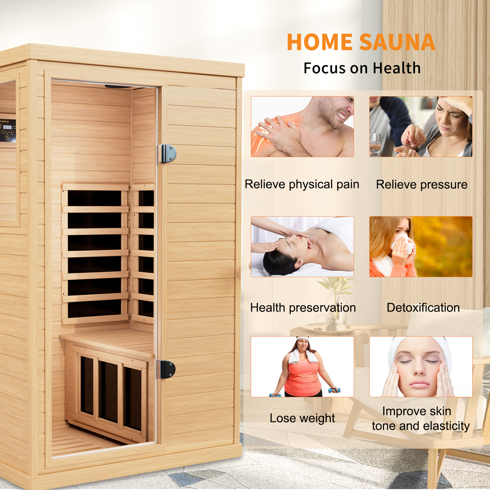 CTOSPOATO 1 Person Sauna,with 1050W Indoor Sauna,Low EMF Heaters,2 Bluetooth Speakers,1 LED Reading Lamp Hemlock Wood Sauna Room Left Door,Natural