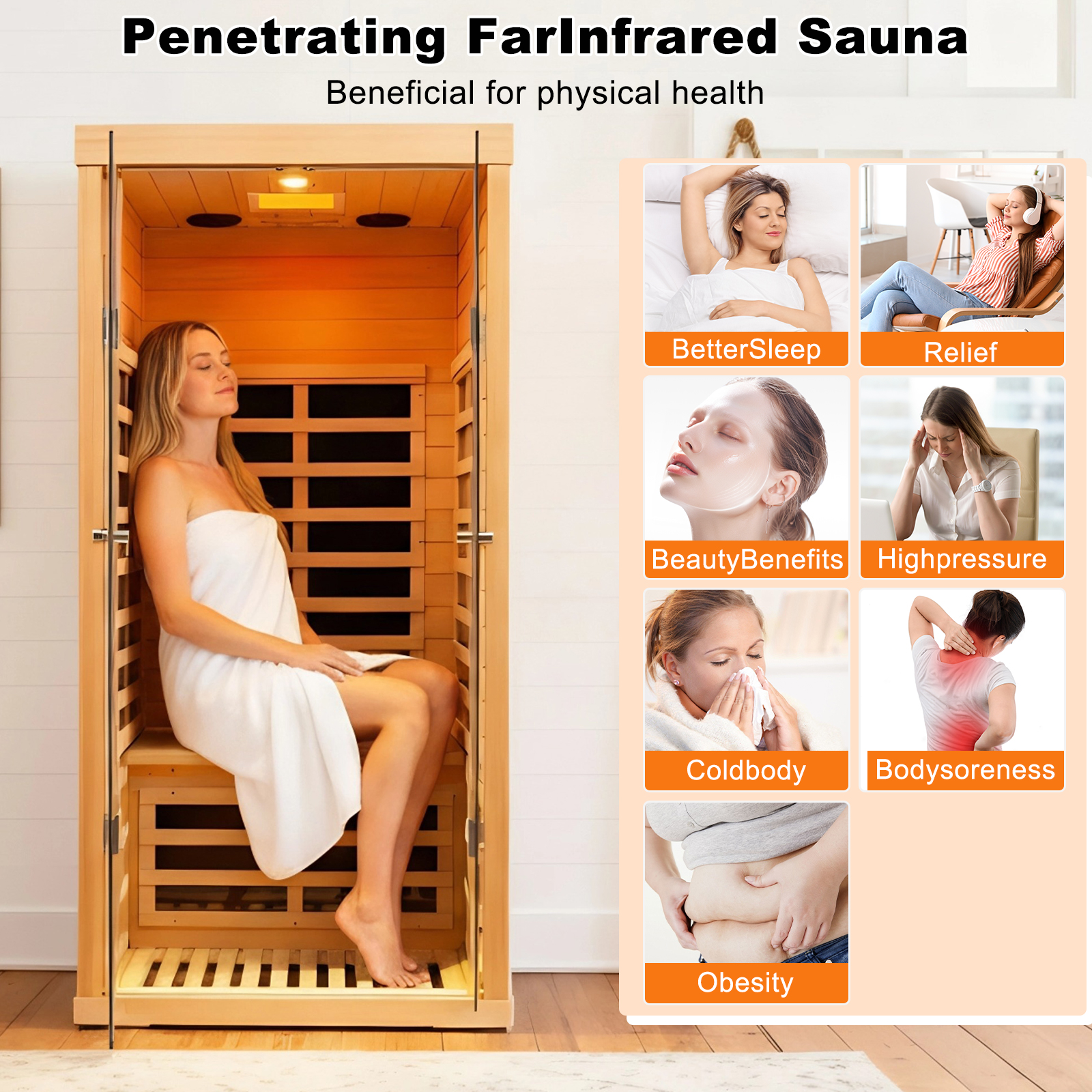 CTOSPOATO 1 Person Infrared Sauna for Home Deluxe Transparent Large Glass Hemlock Wood Low EMF FAR Infrared Sauna,1420 watts 7 Heating Panels Indoor Personal Saunas with Blue-Tooth,LCD Display