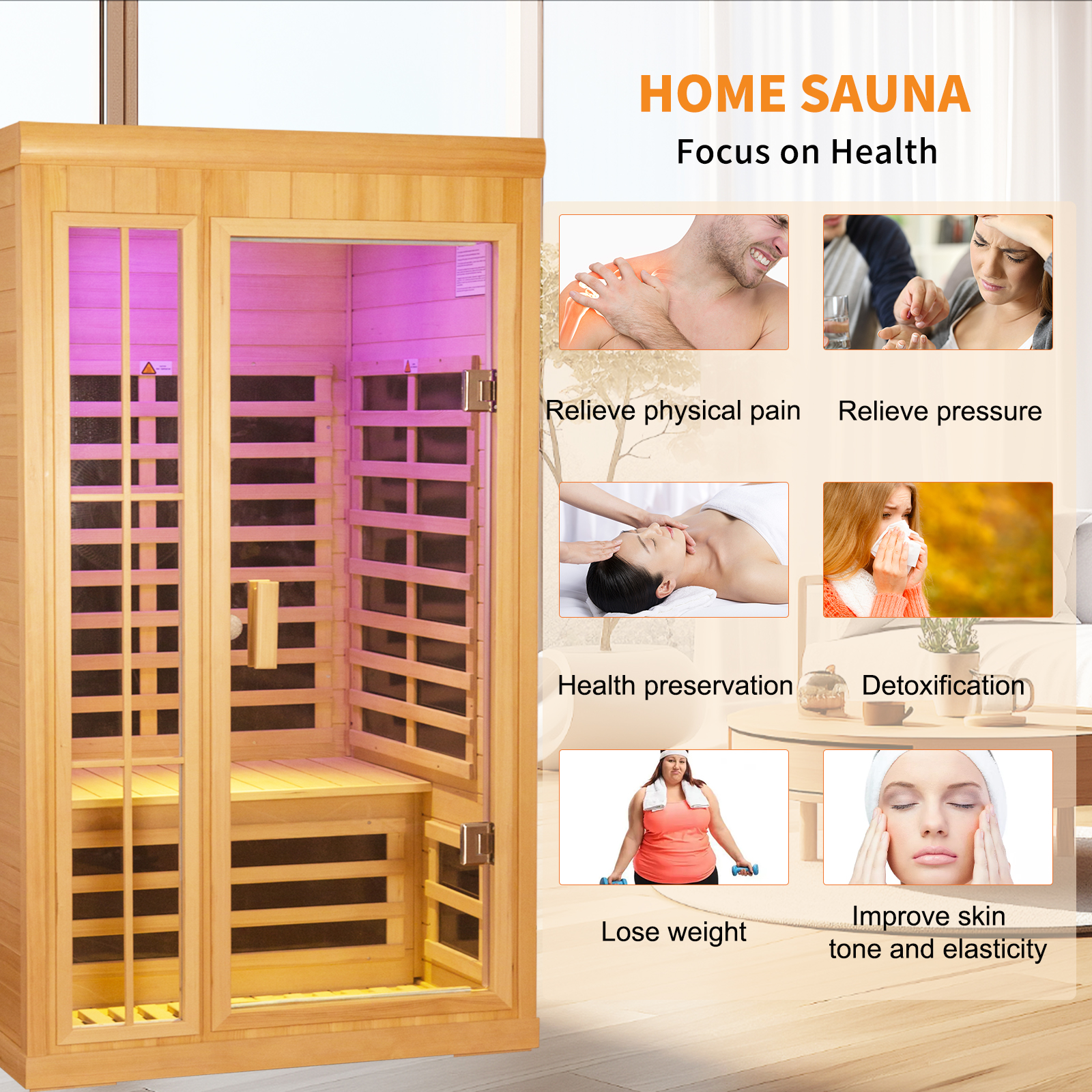 CTOSPOATO 1-Person Low EMF Far Infrared Dry Sauna - Natural Hemlock Wood Indoor Home Sauna with Remote Control,Colorful LED Lights,1350W