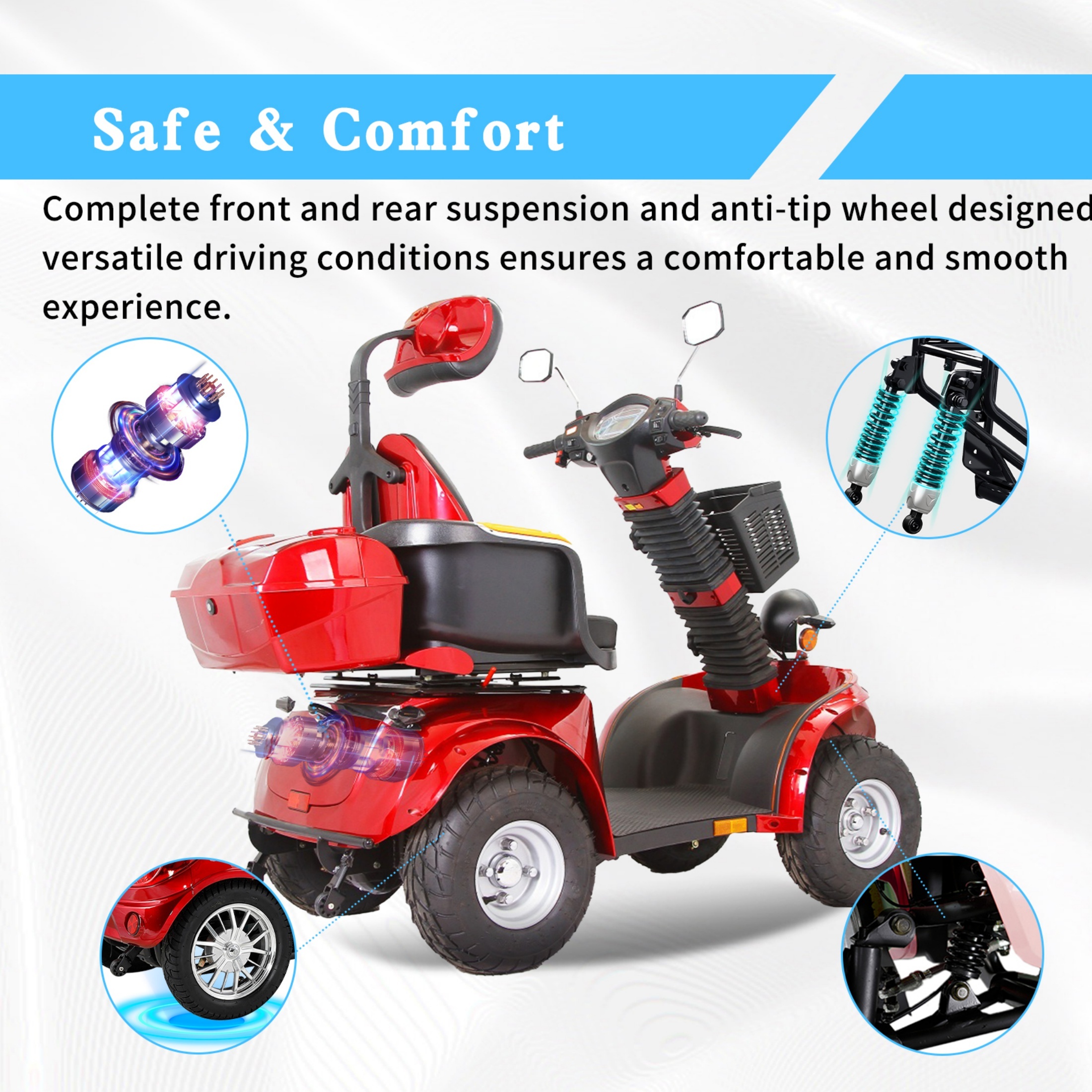 QEEKA Heavy Duty 4 Wheel Mobility Scooters,1000W All Terrain for Seniors & Adults,600 lbs Capacity,Red