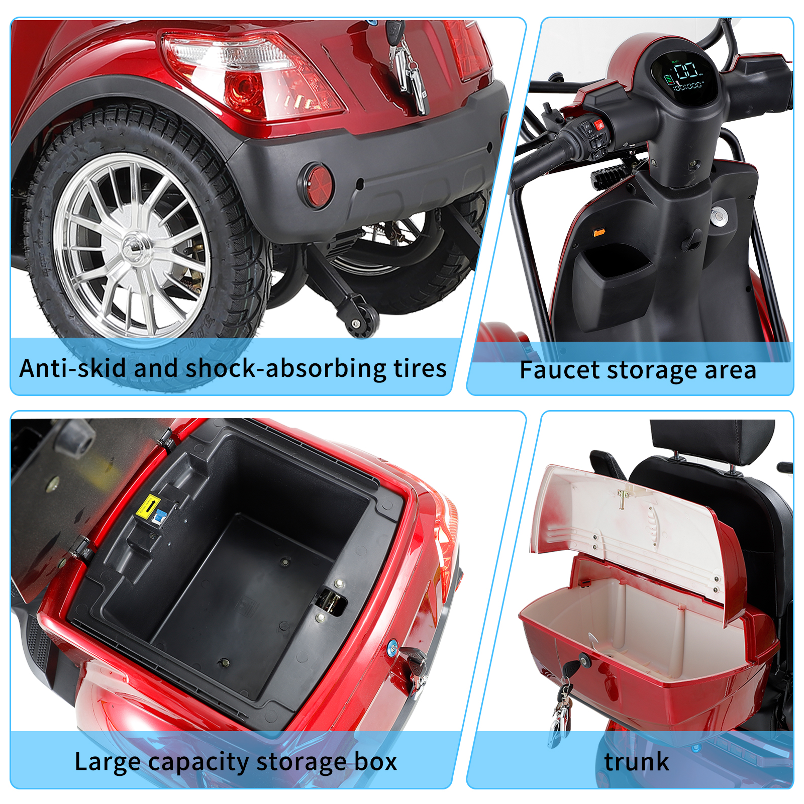 QEEKA Mobility Scooters for Seniors and Adults,Powered Mobility Scooters with Multiple Storage Space,500Lbs Capacity-800W,full LED Lighting,Red-roof