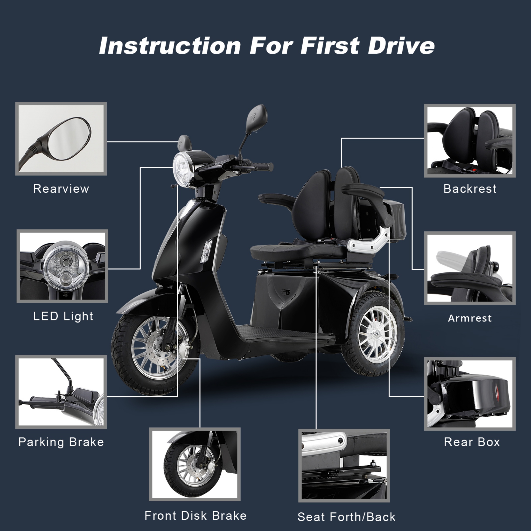 Mobility Scooter ,3-Wheel Heavyweight Mobility Scooter with 500 lb Limit, Black