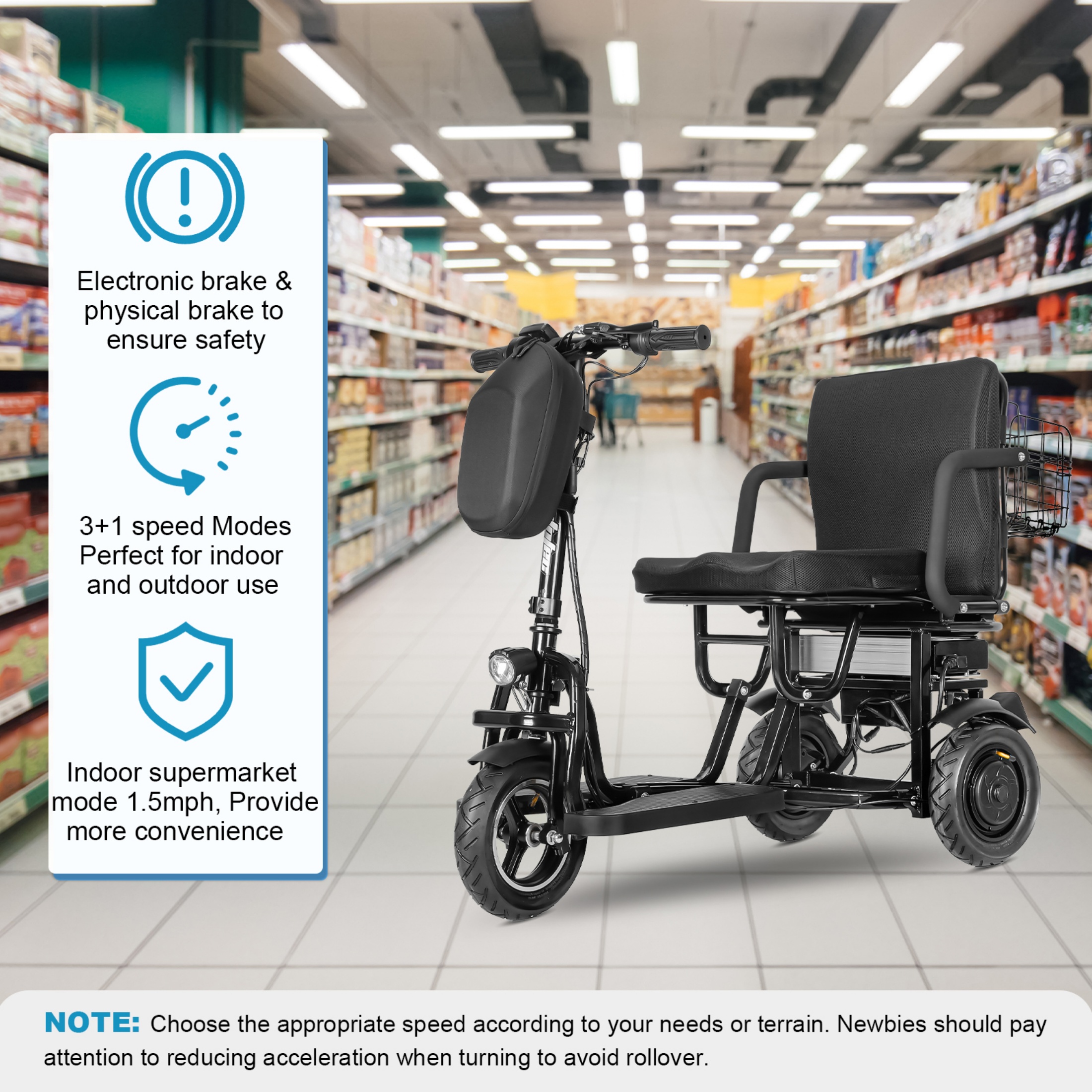 QEEKA Foldable 3 Wheel Mobility Scooter for Seniors and Adults,Fits in Car Trunk,Lightweight & High-Power 700W,300lbs Capacity,20 mile Range,Black