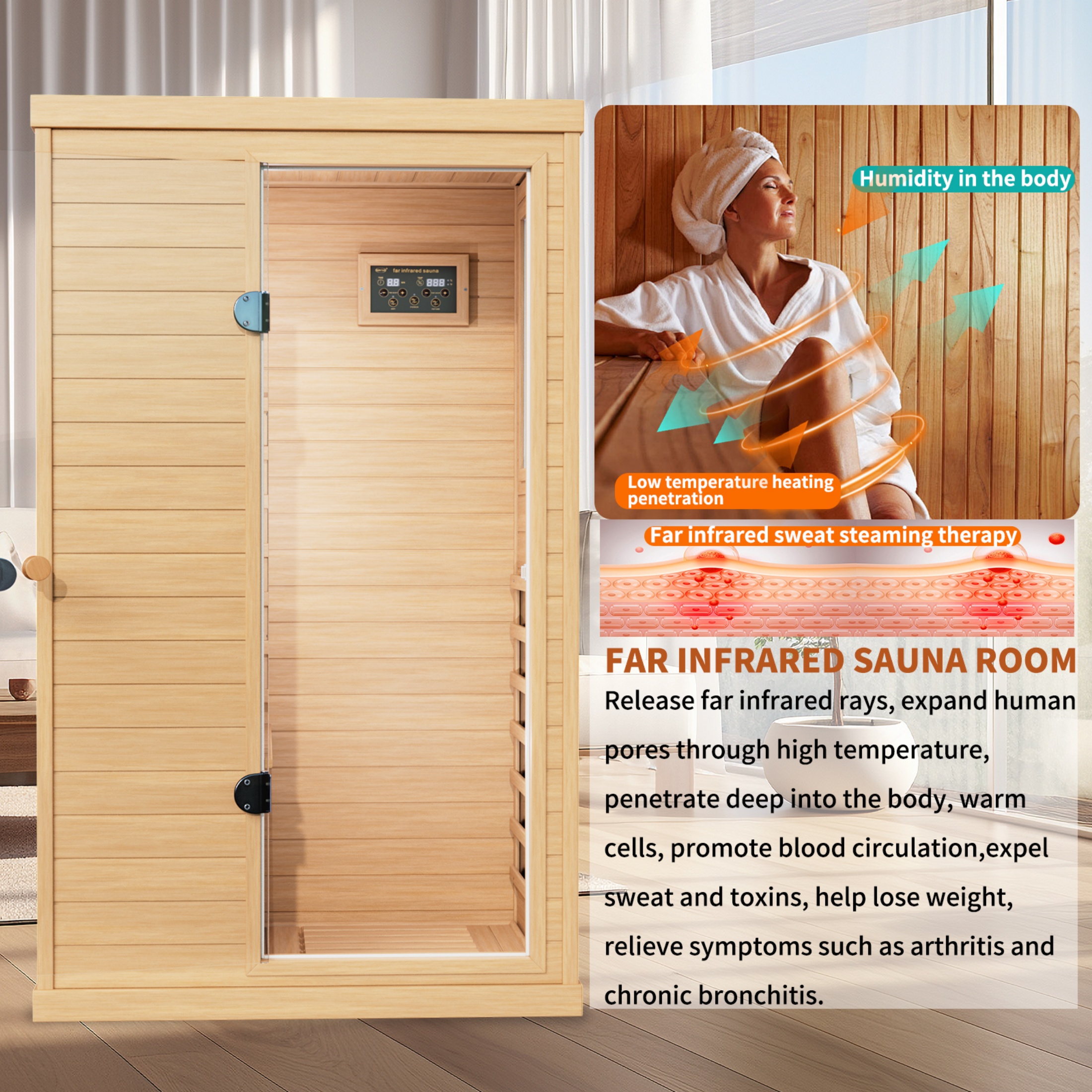 CTOSPOATO 1 Person Sauna,with 1050W Indoor Sauna,Low EMF Heaters,2 Bluetooth Speakers,1 LED Reading Lamp Hemlock Wood Sauna Room Right Door,Natural