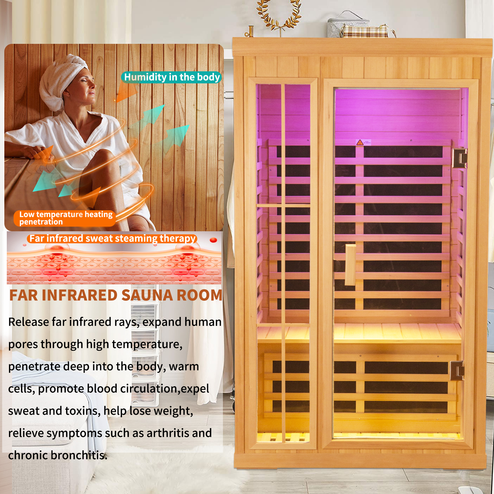CTOSPOATO 1-Person Low EMF Far Infrared Dry Sauna - Natural Hemlock Wood Indoor Home Sauna with Remote Control,Colorful LED Lights,1350W