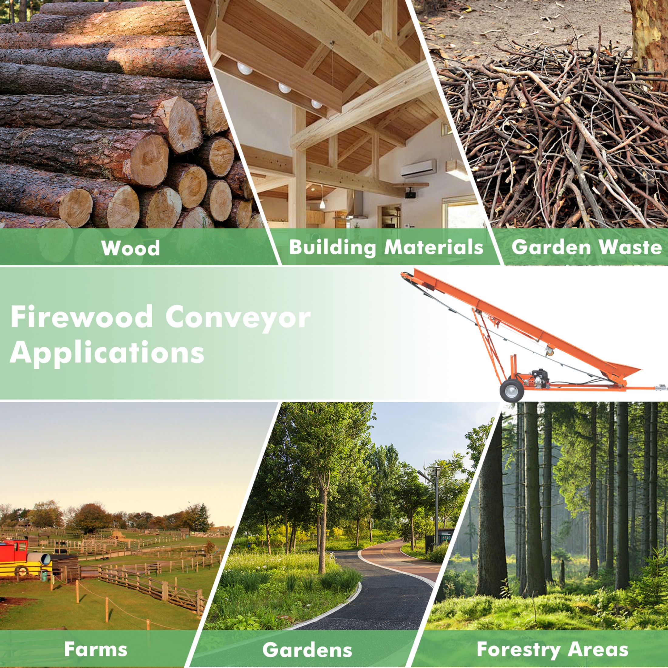 Firewood Conveyor 6.5HP 208cc Gasoline Powered 19.7" Width PVC Belt Wood Conveyor Lifter Elevator with B&S Engine