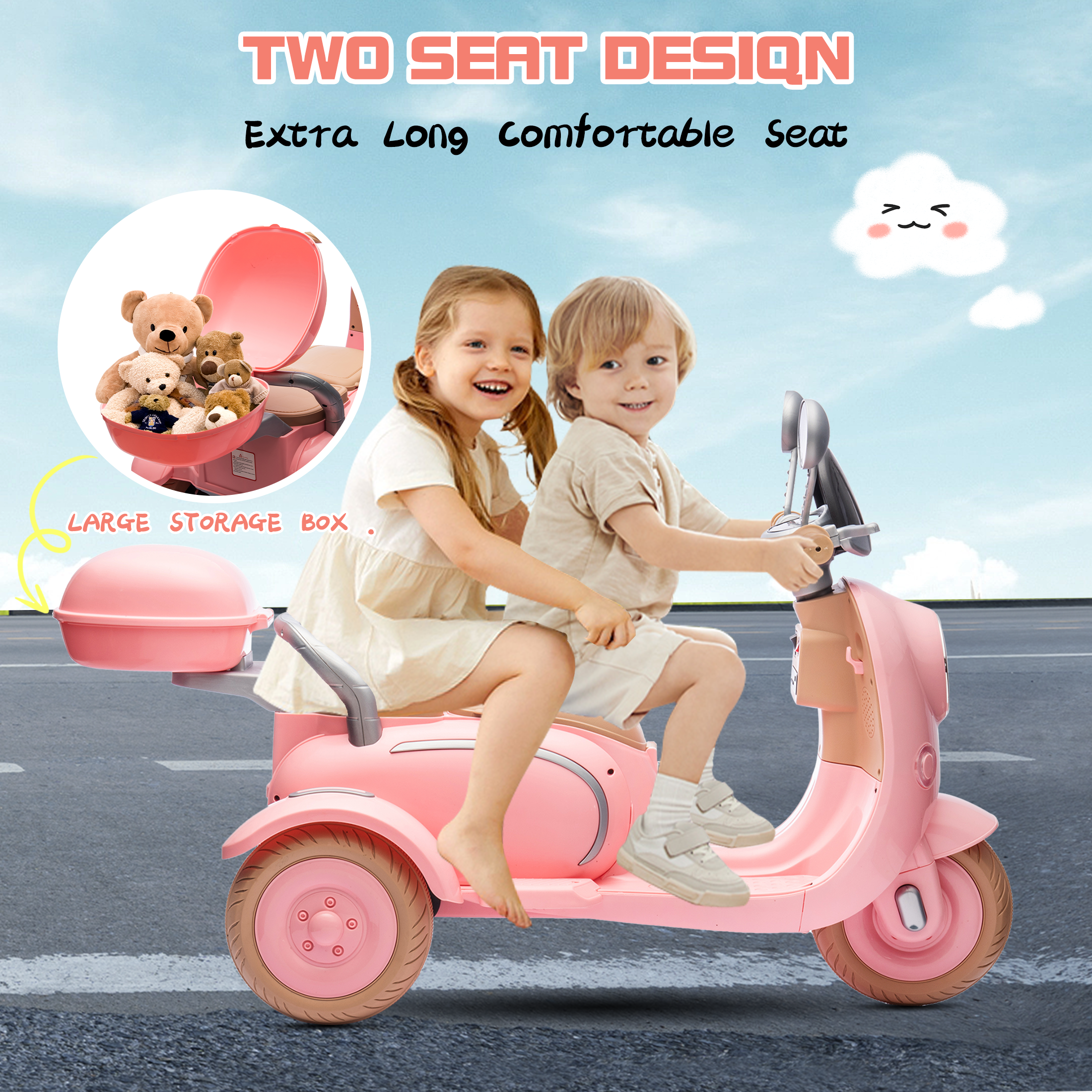 QEEKA 12V Electric Kids Motorcycle,2 Seater Ride on 3 Wheel Scooter,Multi-function player,USB,Bluetooth,light,Backseat flip adult seat,Oversized Storage Box for kids Aged 3-6