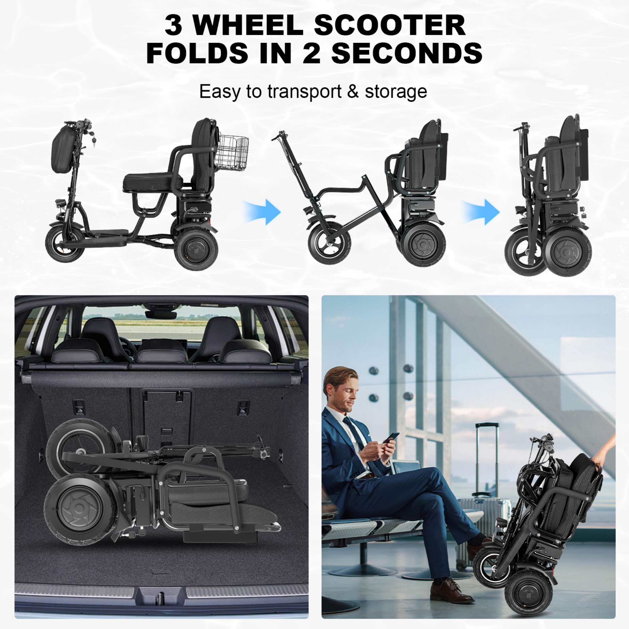 QEEKA Foldable 3 Wheel Mobility Scooter for Seniors and Adults,Fits in Car Trunk,Lightweight & High-Power 700W,300lbs Capacity,20 mile Range,Black