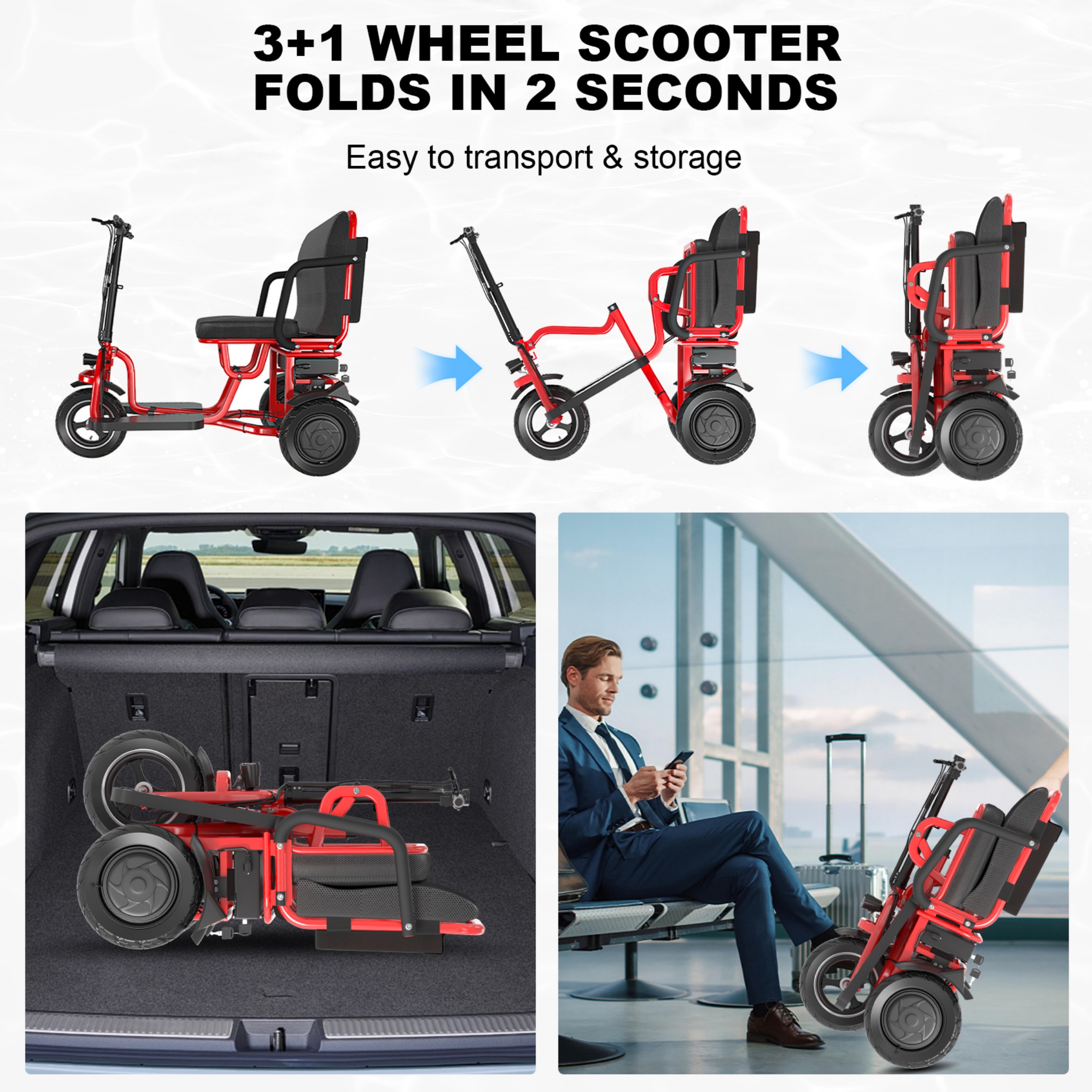QEEKA Foldable 3 Wheel Mobility Scooter for Seniors and Adults,Fits in Car Trunk,Lightweight & High-Power 700W,300lbs Capacity,20 mile Range,Black