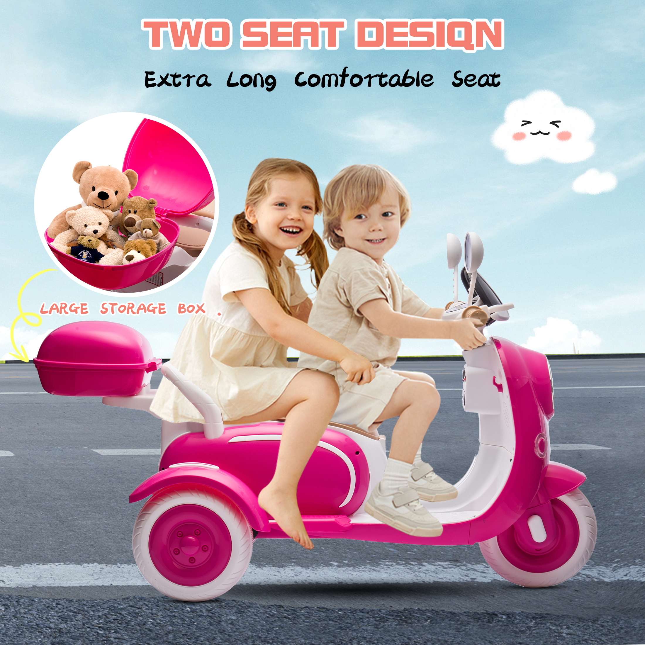 QEEKA 12V Electric Kids Motorcycle,2 Seater Ride on 3 Wheel Scooter,Multi-function player,USB,Bluetooth,light,Backseat flip adult seat,Oversized Storage Box for kids Aged 3-6