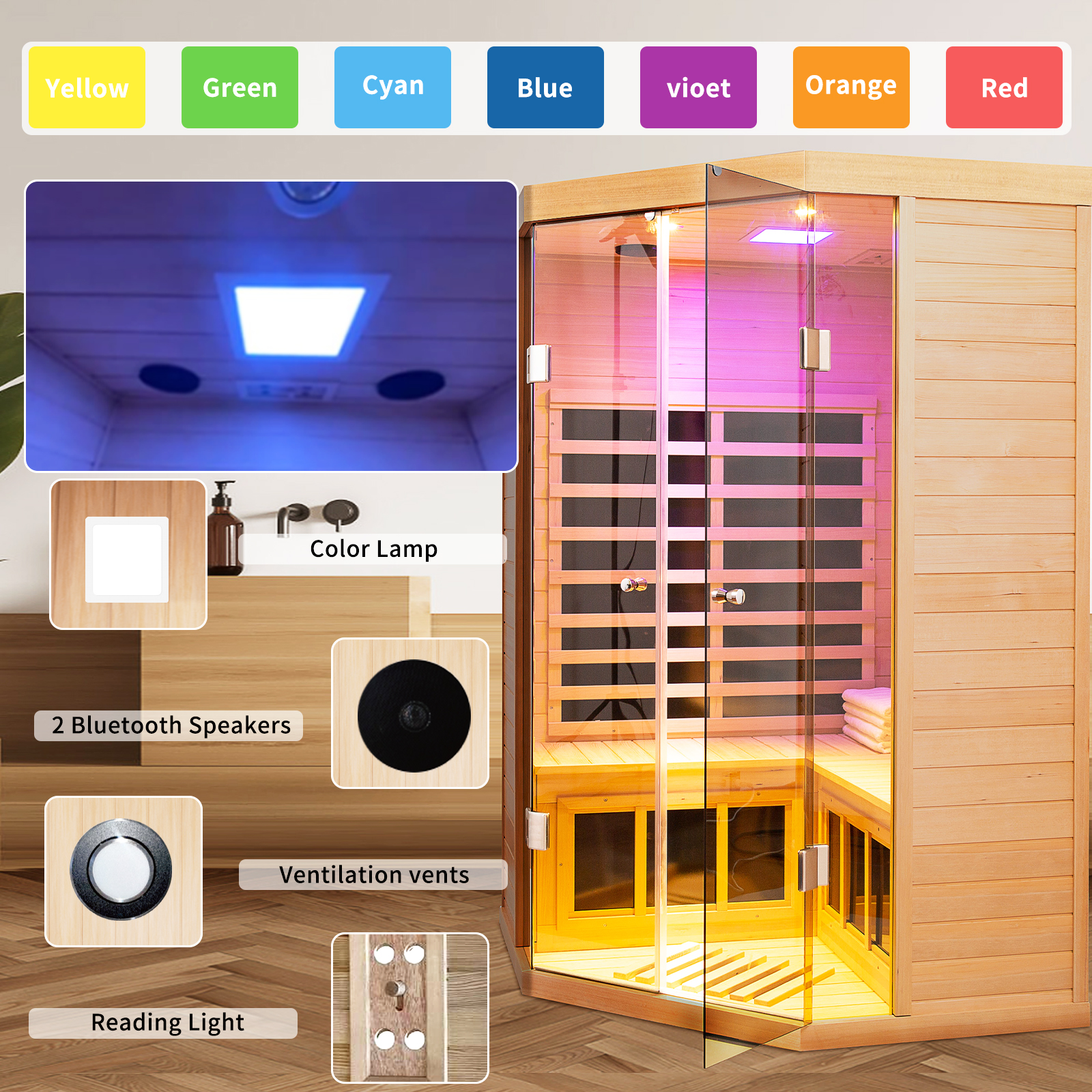 CTOSPOATO 2-3 Person Ultra Low EMF Far Infrared Sauna - 1520W Hemlock Wood, Bluetooth, Chromotherapy Lights, APP Control