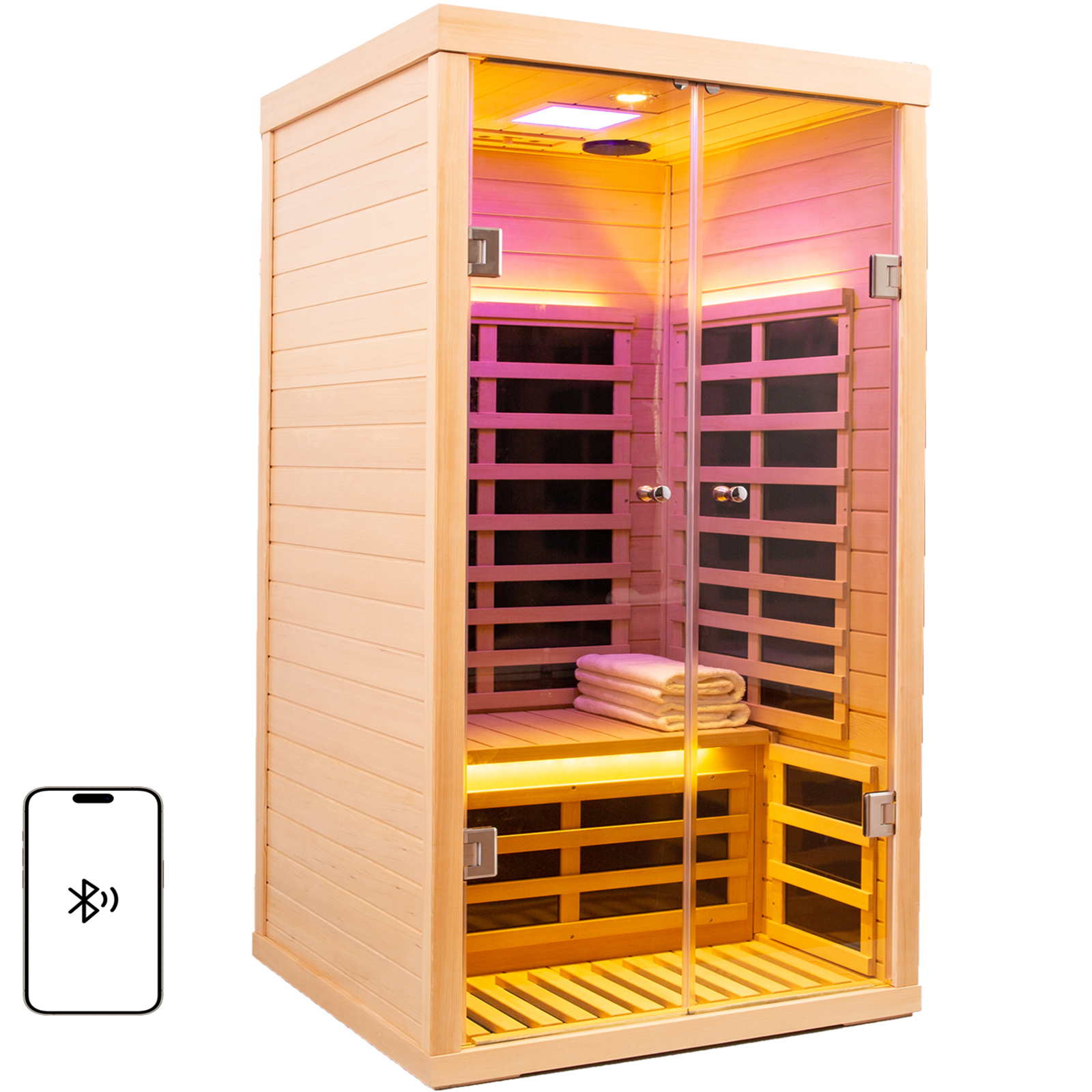 CTOSPOATO 1 Person Infrared Sauna for Home Deluxe Transparent Large Glass Hemlock Wood Low EMF FAR Infrared Sauna,1420 watts 7 Heating Panels Indoor Personal Saunas with Blue-Tooth,LCD Display
