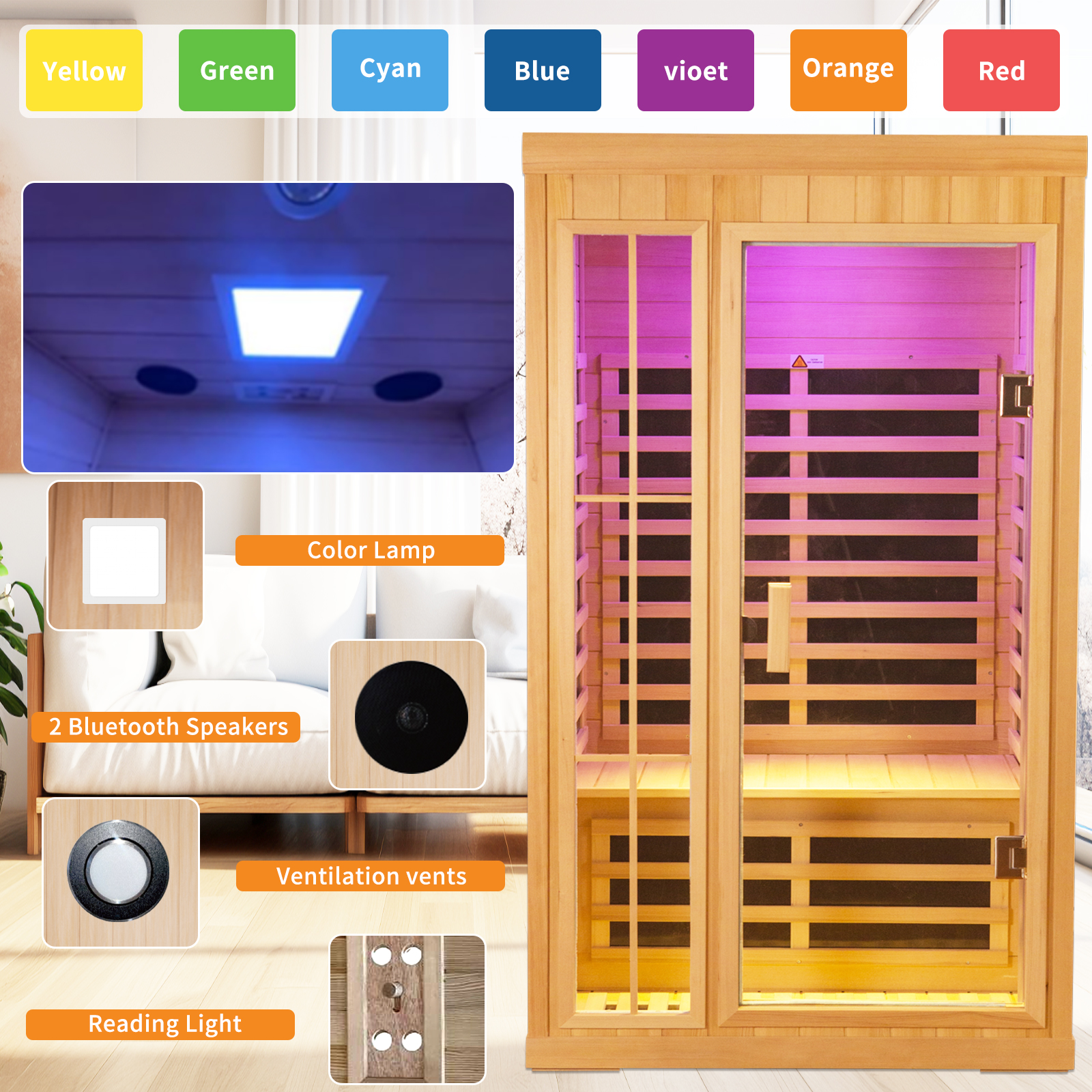 CTOSPOATO 1-Person Low EMF Far Infrared Dry Sauna - Natural Hemlock Wood Indoor Home Sauna with Remote Control,Colorful LED Lights,1350W