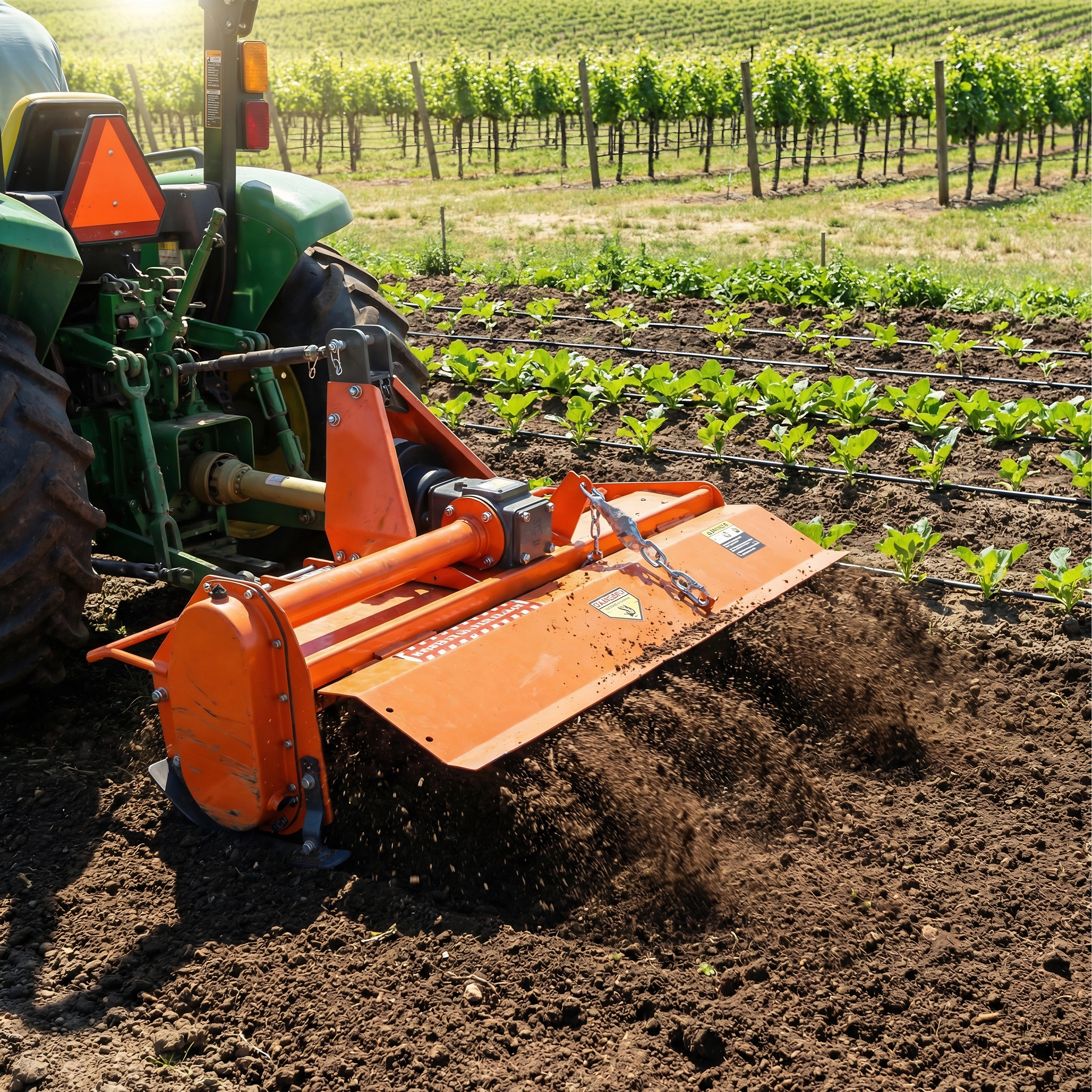 QEEKA 37" Rotary Tiller Attachment for Category 1 Tractors,3-Point Hitch, 540 RPM PTO Driven,with Replaceable L-Shaped Tines,5" Working Depth,Orange