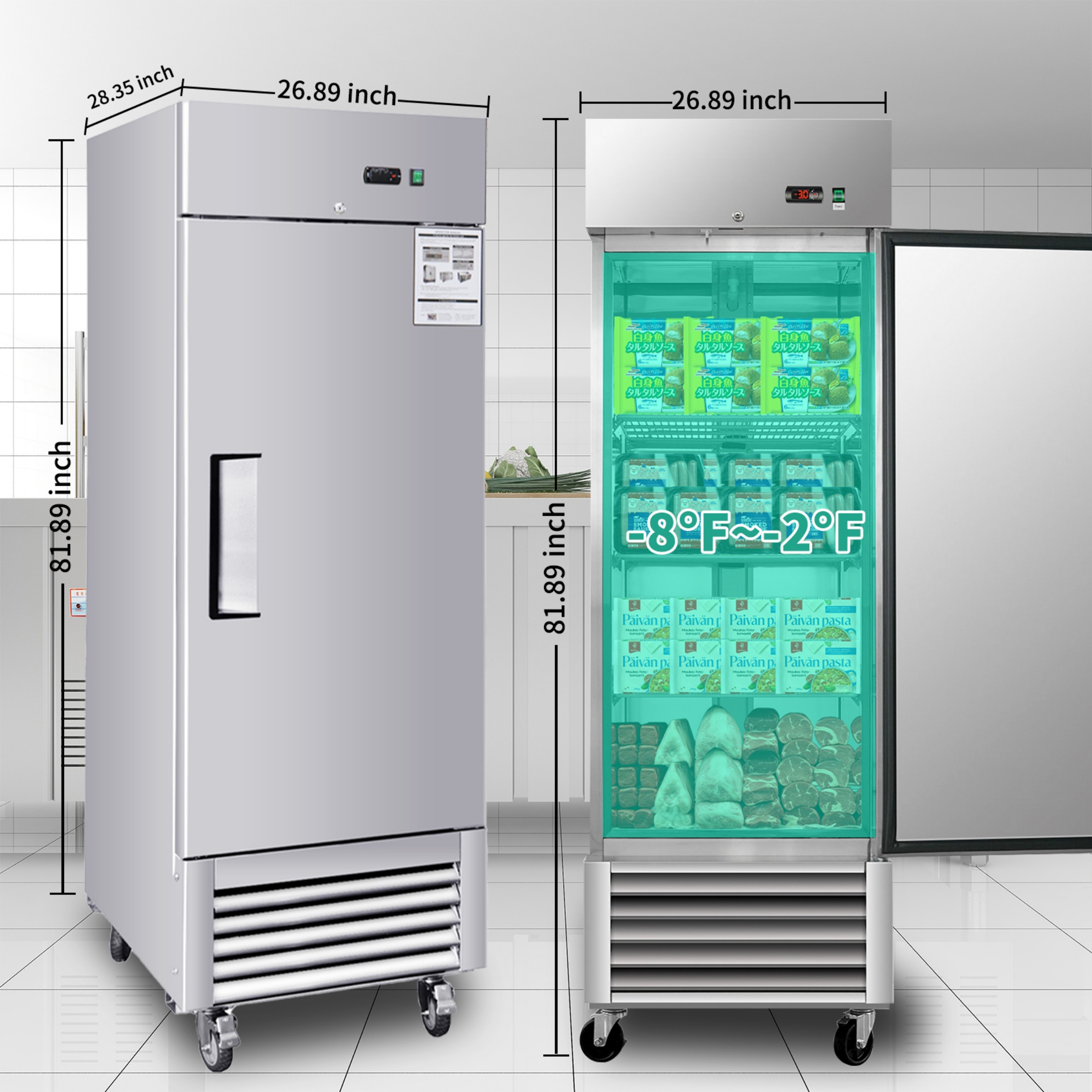 QEEKA 27"W Commercial Freezer Single Solid Door Stainless Steel Interior and Exterior Construction Reach-in Freezer 18.68 Cu.ft. Upright Fan Cooling Freezer for Restaurant,Bar,Shop,Kitchen