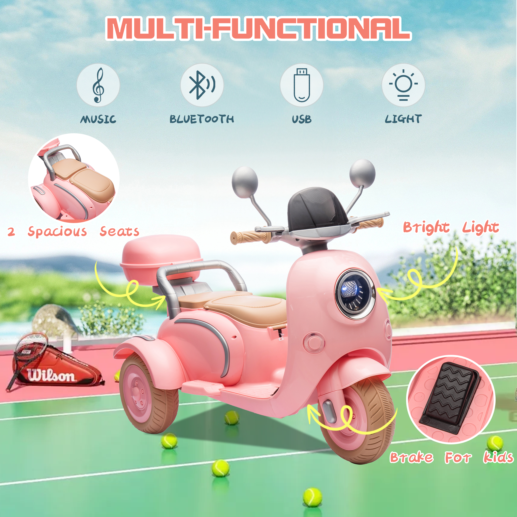 QEEKA 12V Electric Kids Motorcycle,2 Seater Ride on 3 Wheel Scooter,Multi-function player,USB,Bluetooth,light,Backseat flip adult seat,Oversized Storage Box for kids Aged 3-6