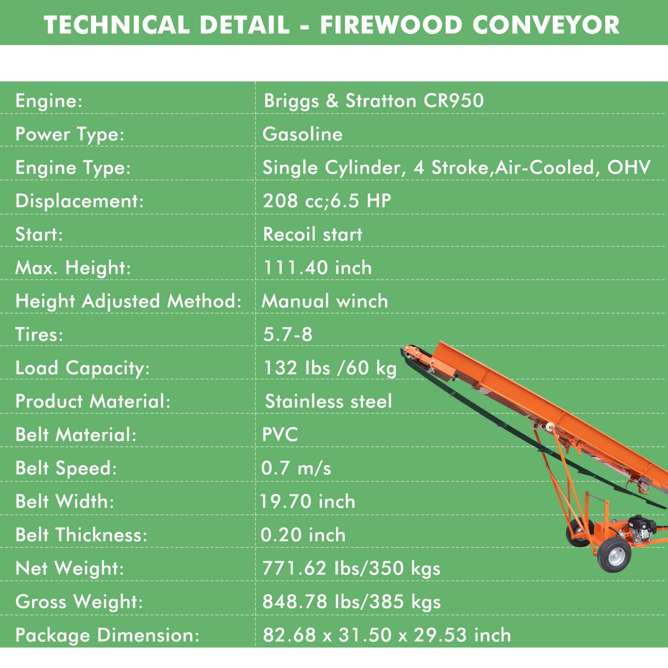 Firewood Conveyor 6.5HP 208cc Gasoline Powered 19.7" Width PVC Belt Wood Conveyor Lifter Elevator with B&S Engine