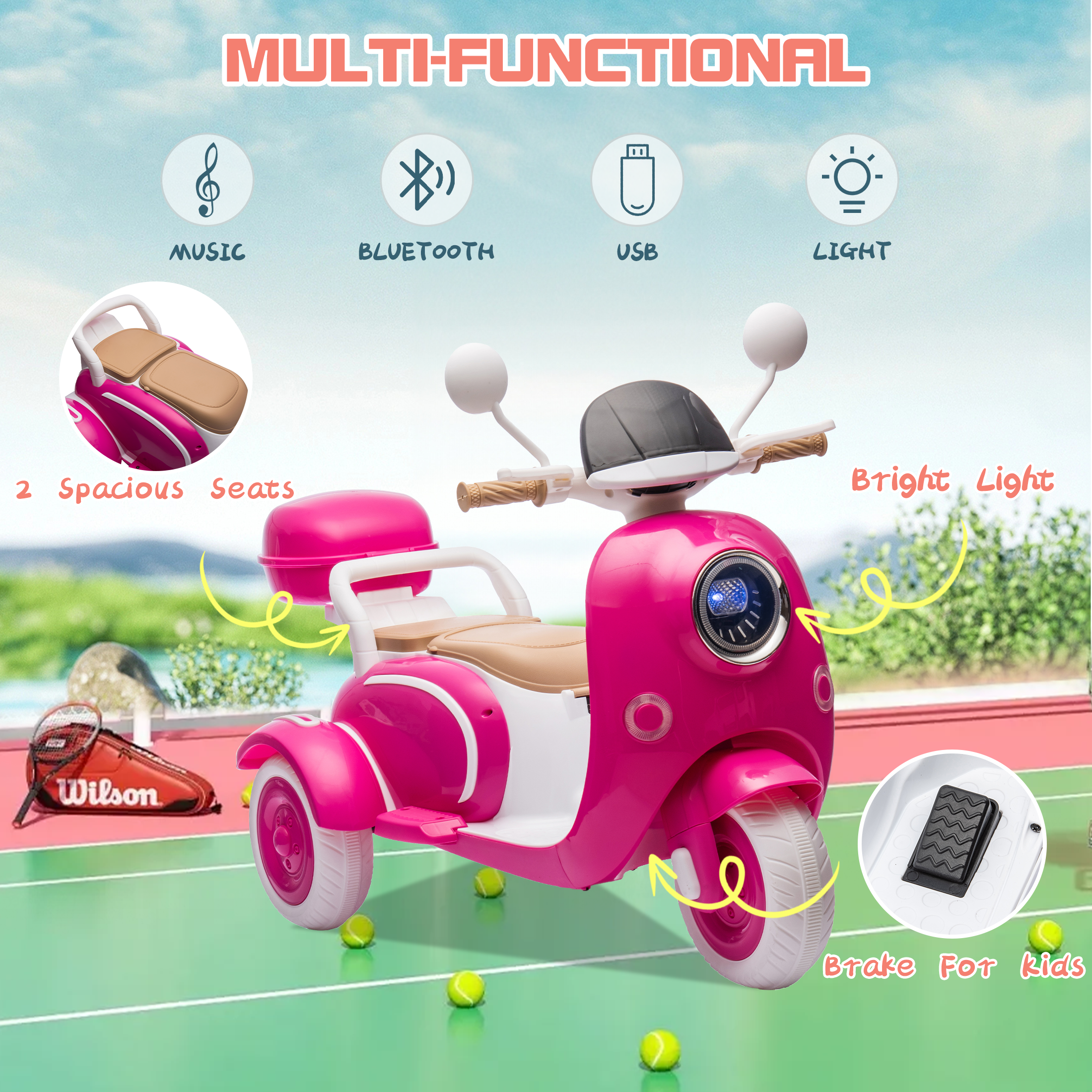 QEEKA 12V Electric Kids Motorcycle,2 Seater Ride on 3 Wheel Scooter,Multi-function player,USB,Bluetooth,light,Backseat flip adult seat,Oversized Storage Box for kids Aged 3-6